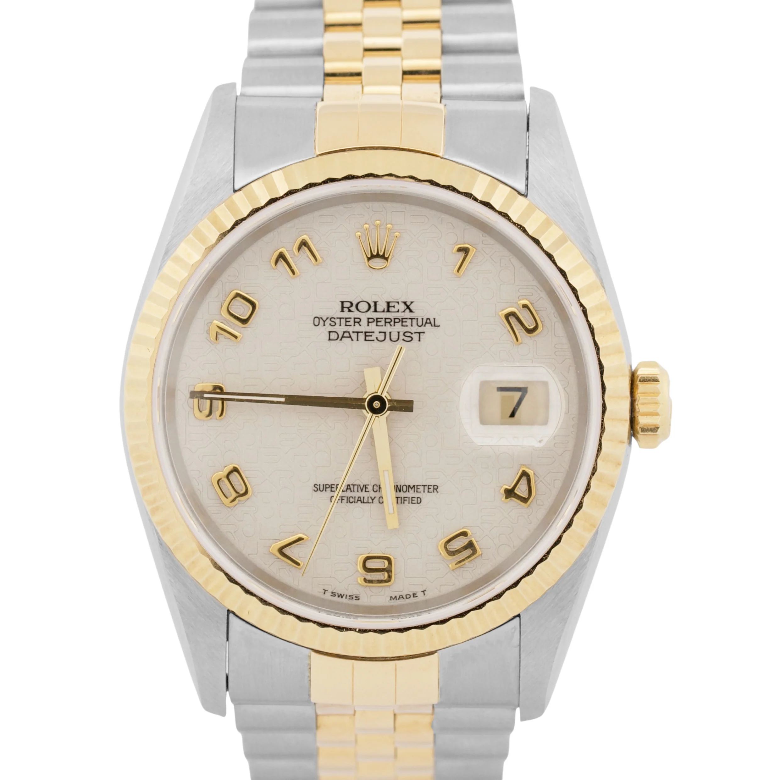 UNPOLISHED Rolex DateJust 36mm IVORY ARABIC ANNIVERSARY 18K JUBILEE Steel 16233