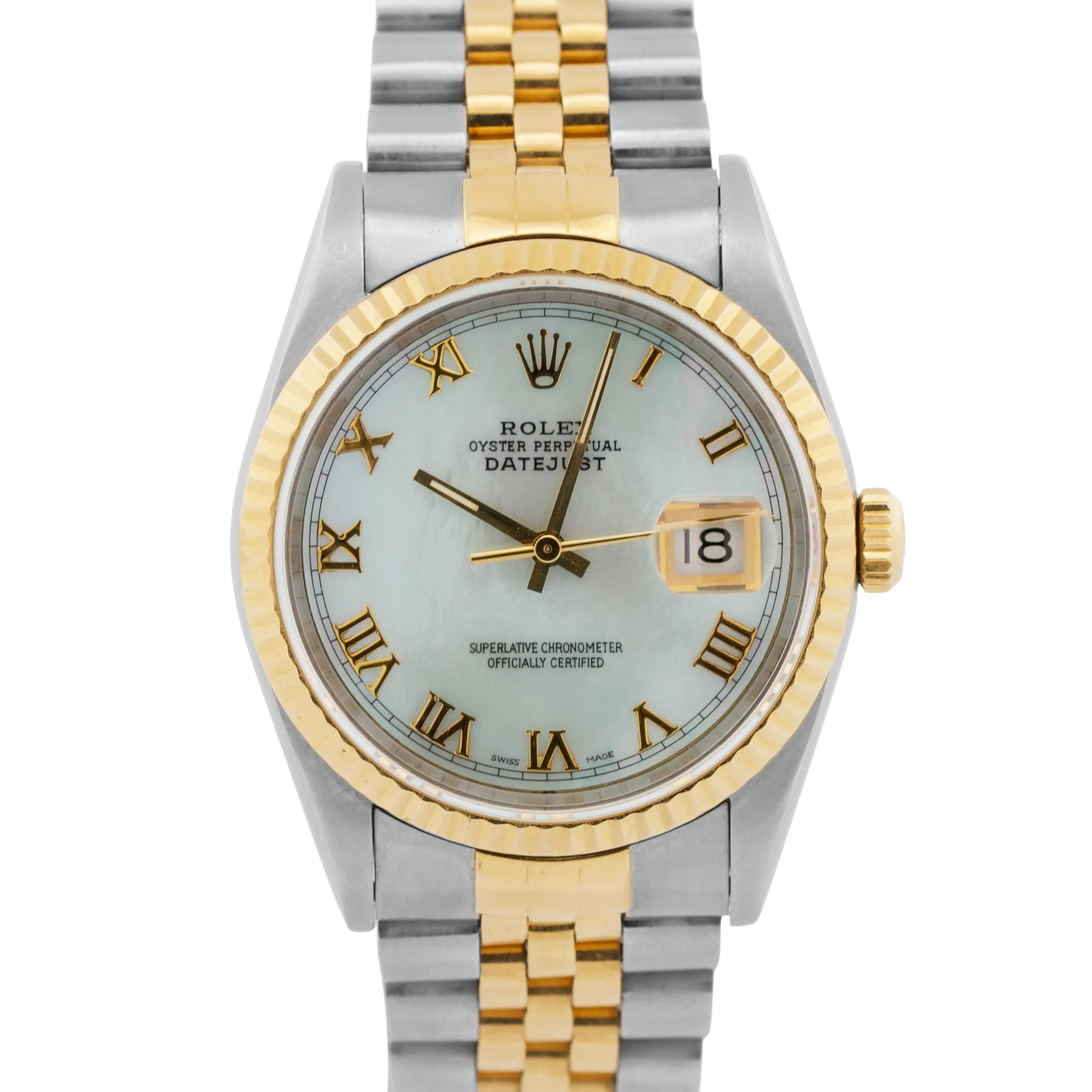 Rolex DateJust 36mm MOP ROMAN 18K Yellow Gold Fluted Steel JUBILEE 16233 Watch