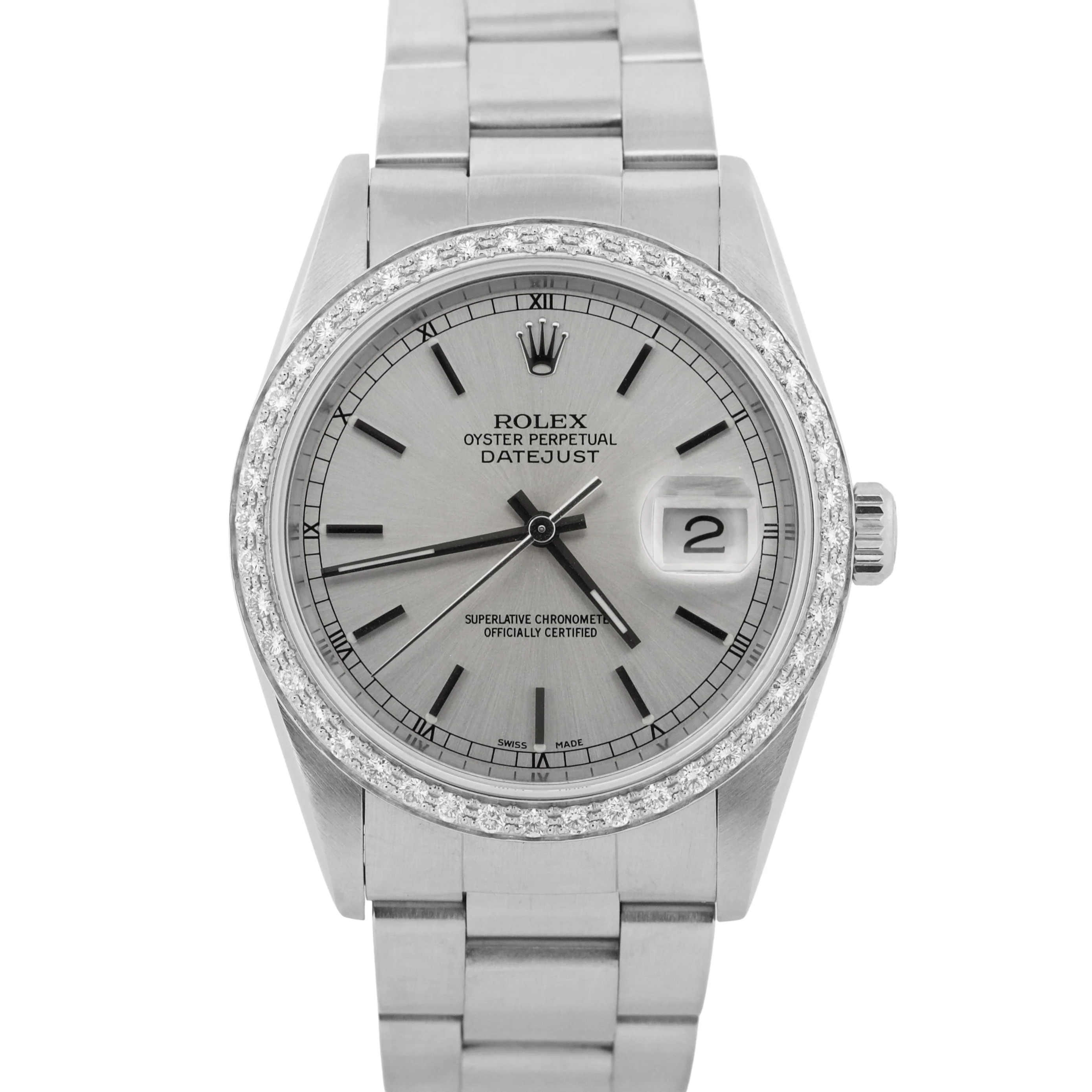 Rolex DateJust 36mm SILVER DIAMOND Stainless Steel Oyster NO-HOLES Watch 16200