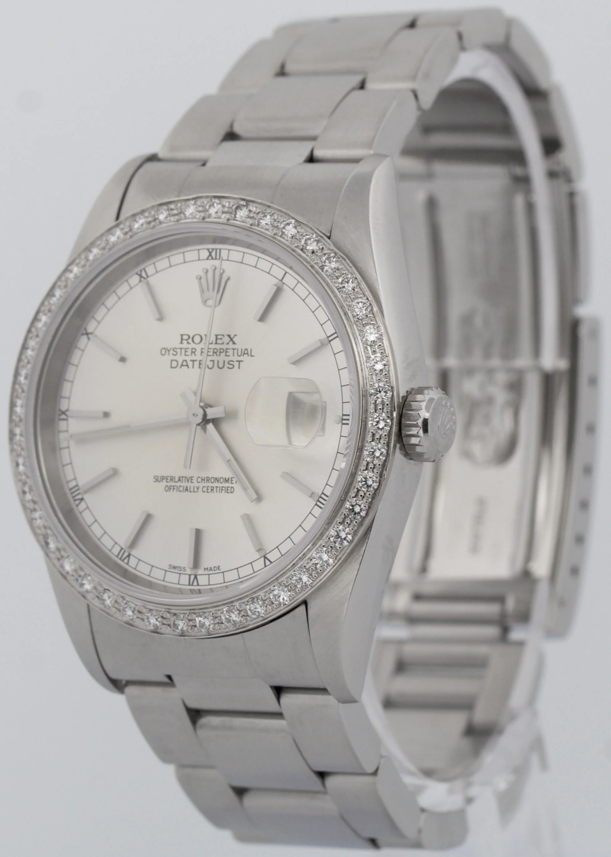 Rolex DateJust 36mm SILVER DIAMOND Stainless Steel Oyster NO-HOLES Watch 16200 - Image 3