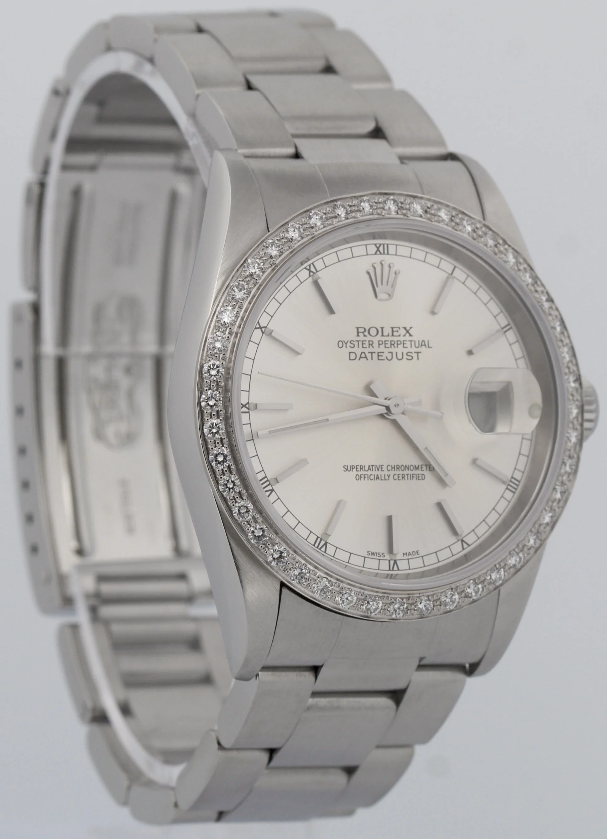 Rolex DateJust 36mm SILVER DIAMOND Stainless Steel Oyster NO-HOLES Watch 16200 - Image 4
