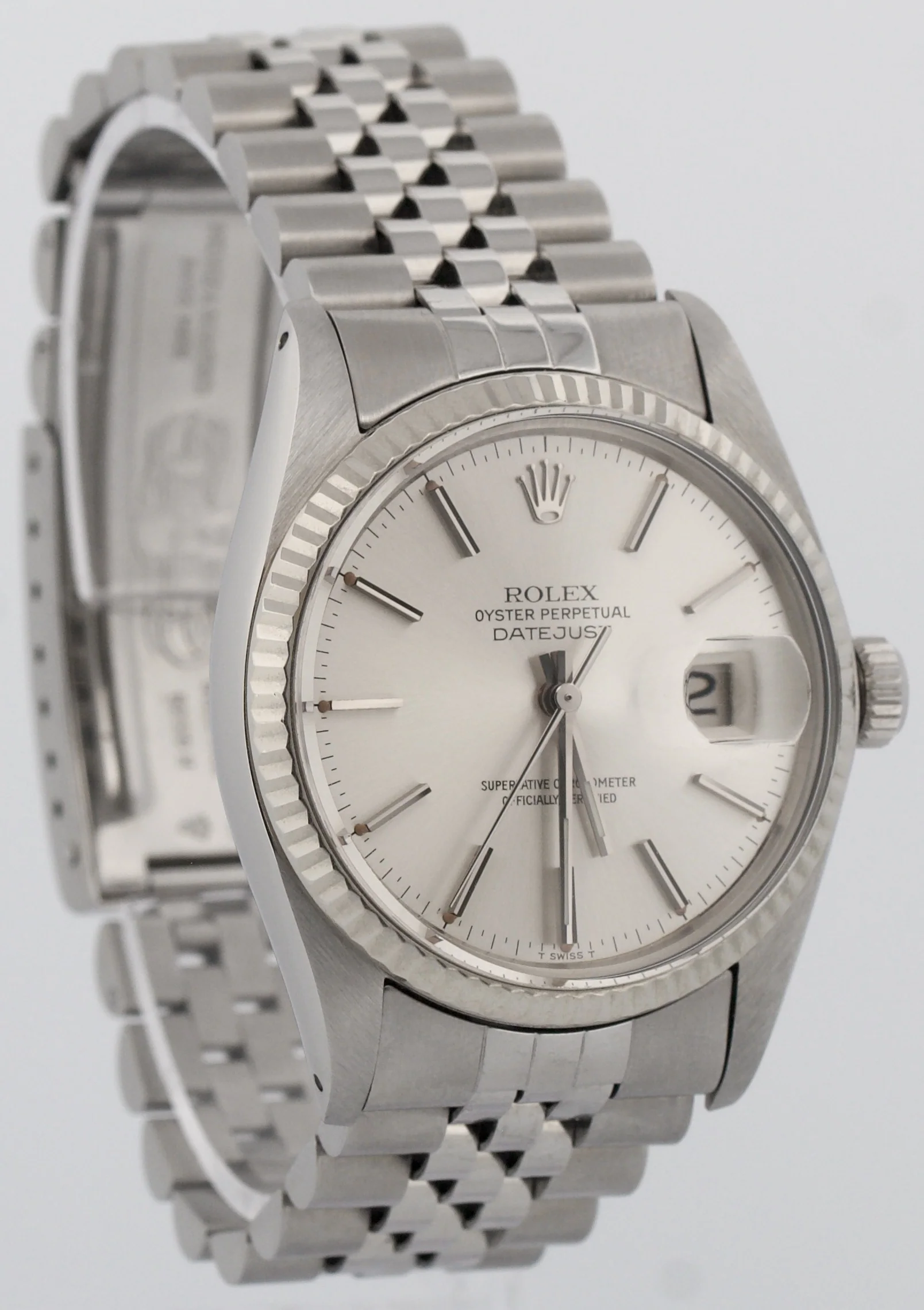 Rolex DateJust 36mm SILVER Stainless Steel 18K White Gold JUBILEE Fluted 16014 - Image 4
