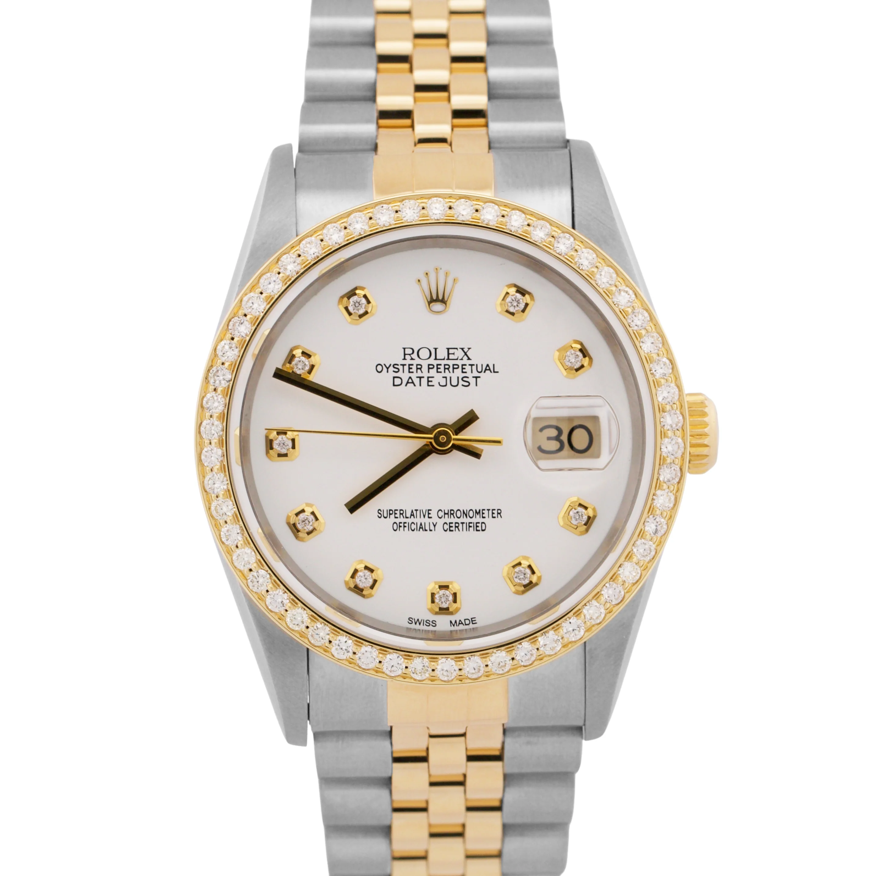 Rolex DateJust 36mm WHITE DIAMOND 18K Yellow Gold Steel JUBILEE 16233 Watch