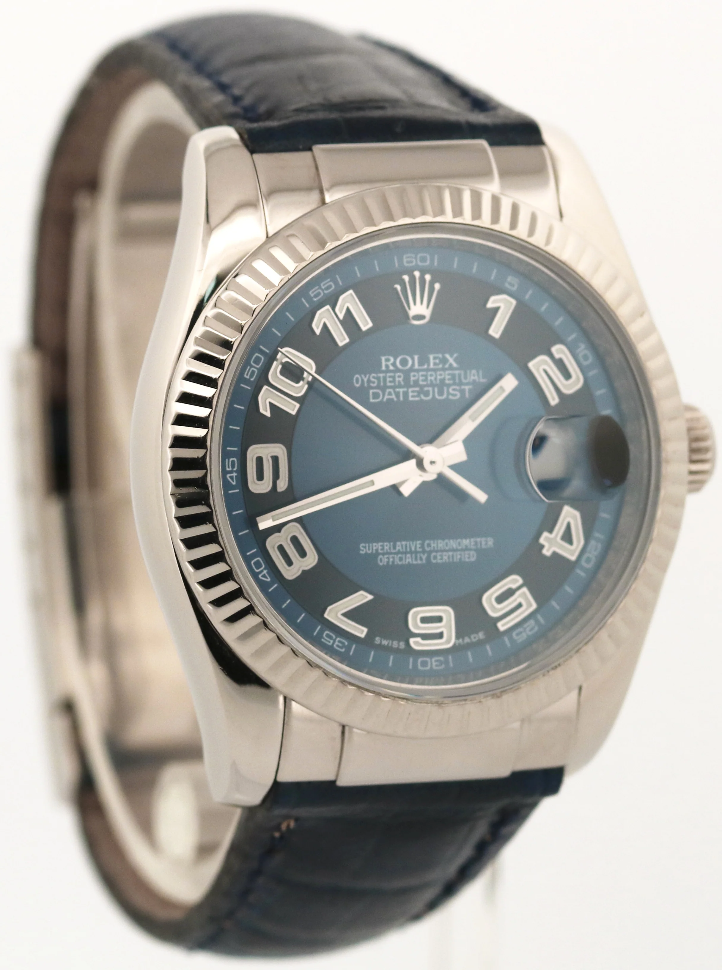 Rolex DateJust Blue Black CONCENTRIC 18K White Gold Fluted 36mm Leather 116139 - Image 4