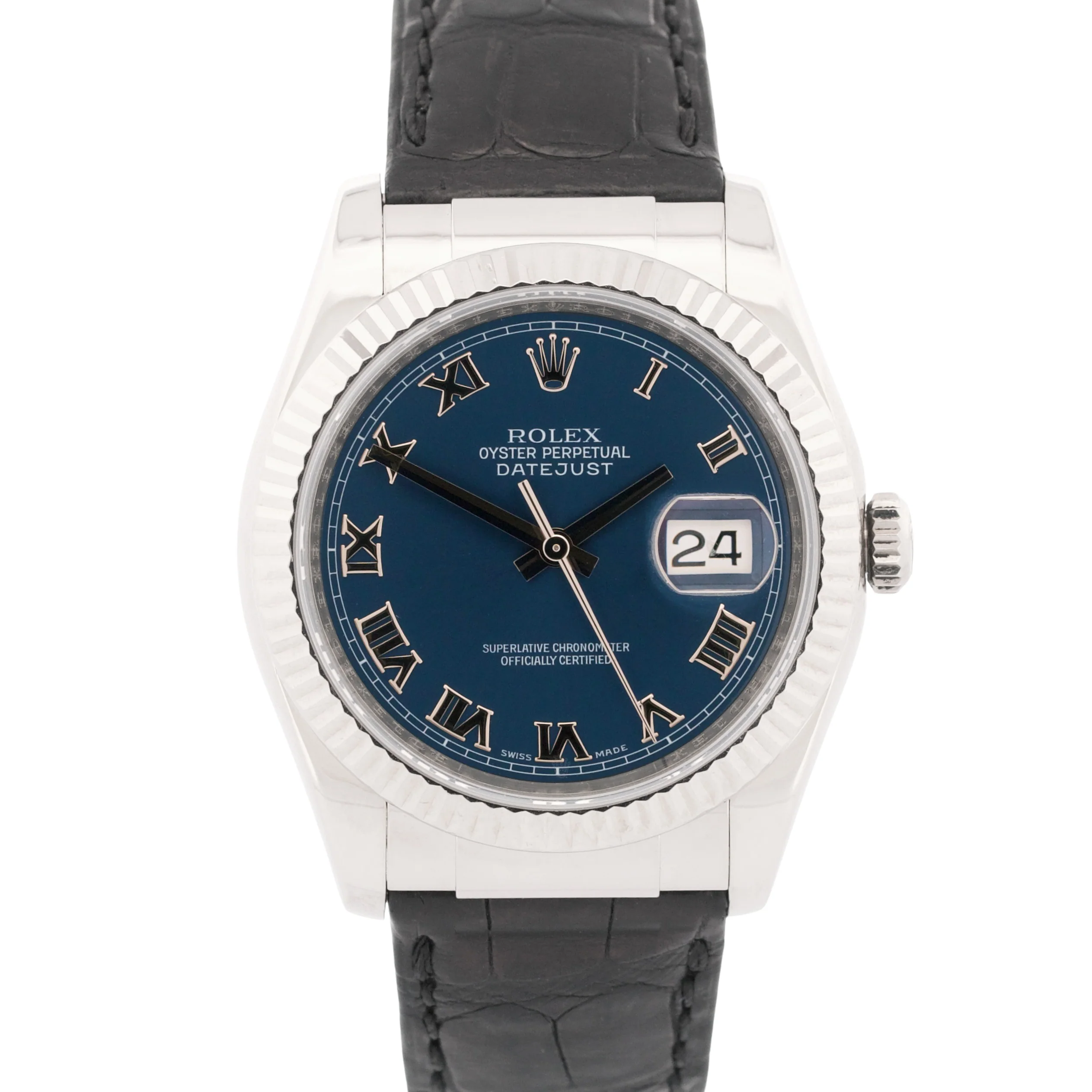 Rolex DateJust BLUE ROMAN 18K White Gold Fluted 36mm Black Leather 116139 Watch