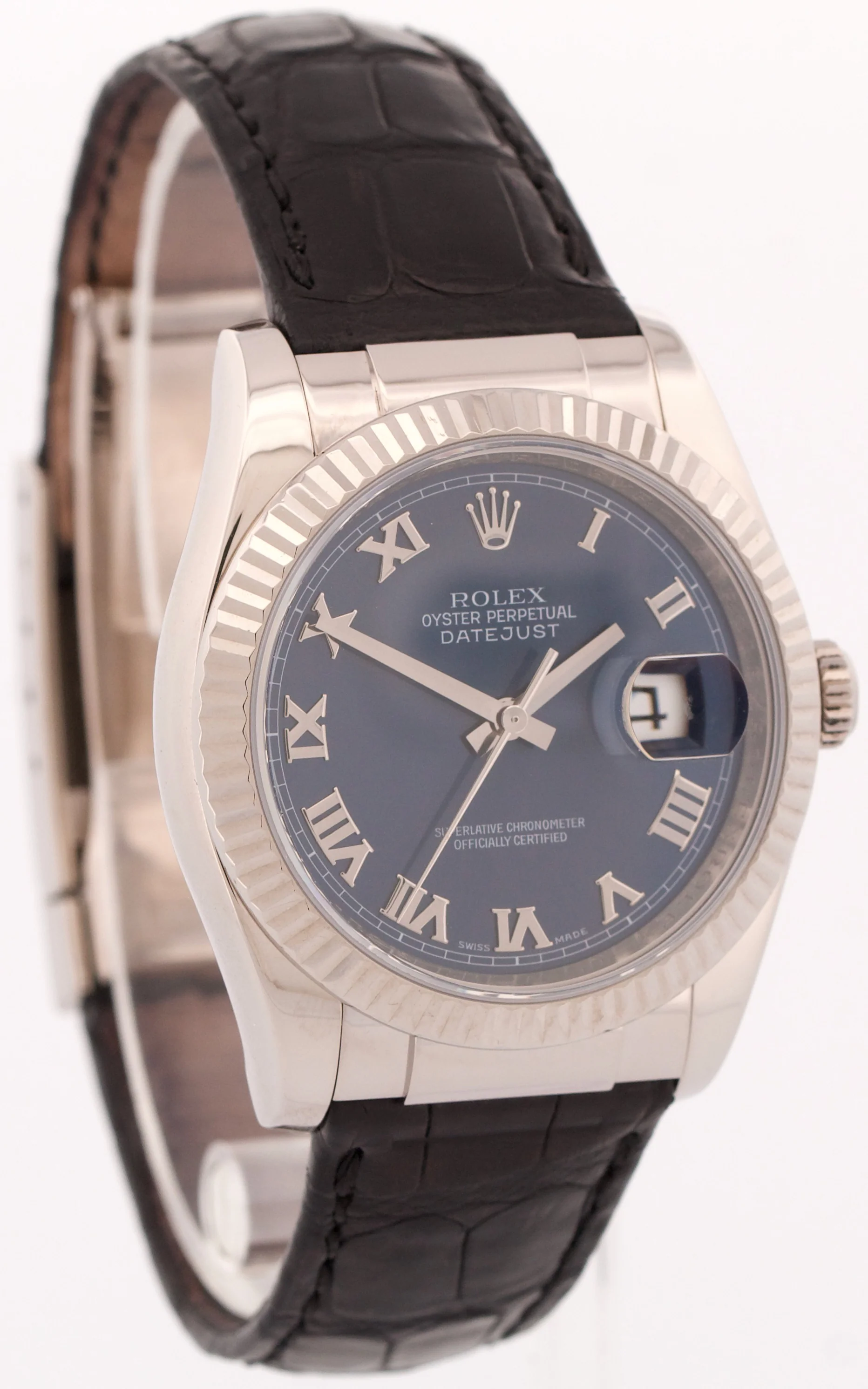 Rolex DateJust BLUE ROMAN 18K White Gold Fluted 36mm Black Leather 116139 Watch - Image 4
