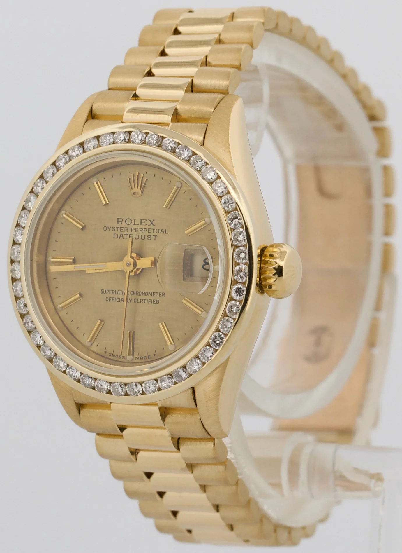 Rolex DateJust President CHAMPAGNE LINEN 18K Yellow Gold DIAMOND 26mm 69178 - Image 3