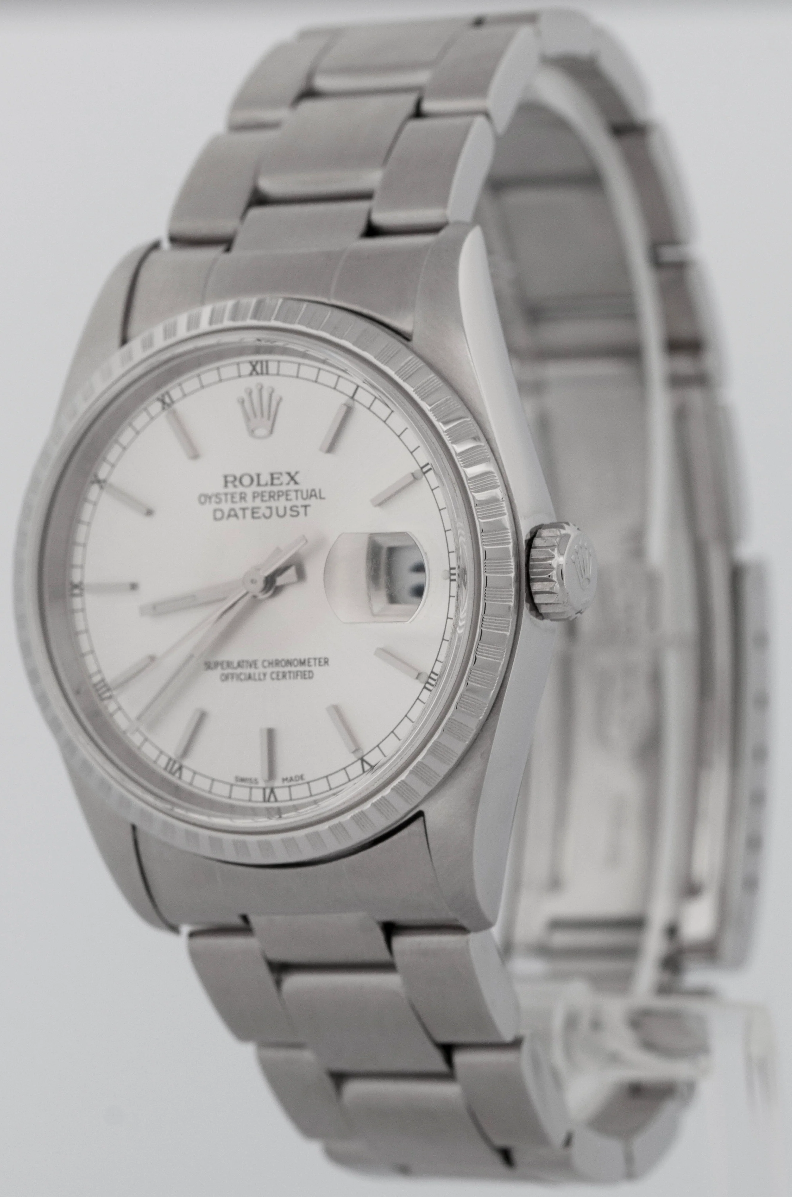 Rolex DateJust Silver 36mm ENGINE TURNED Stainless Steel Oyster Watch 16220 - Image 5