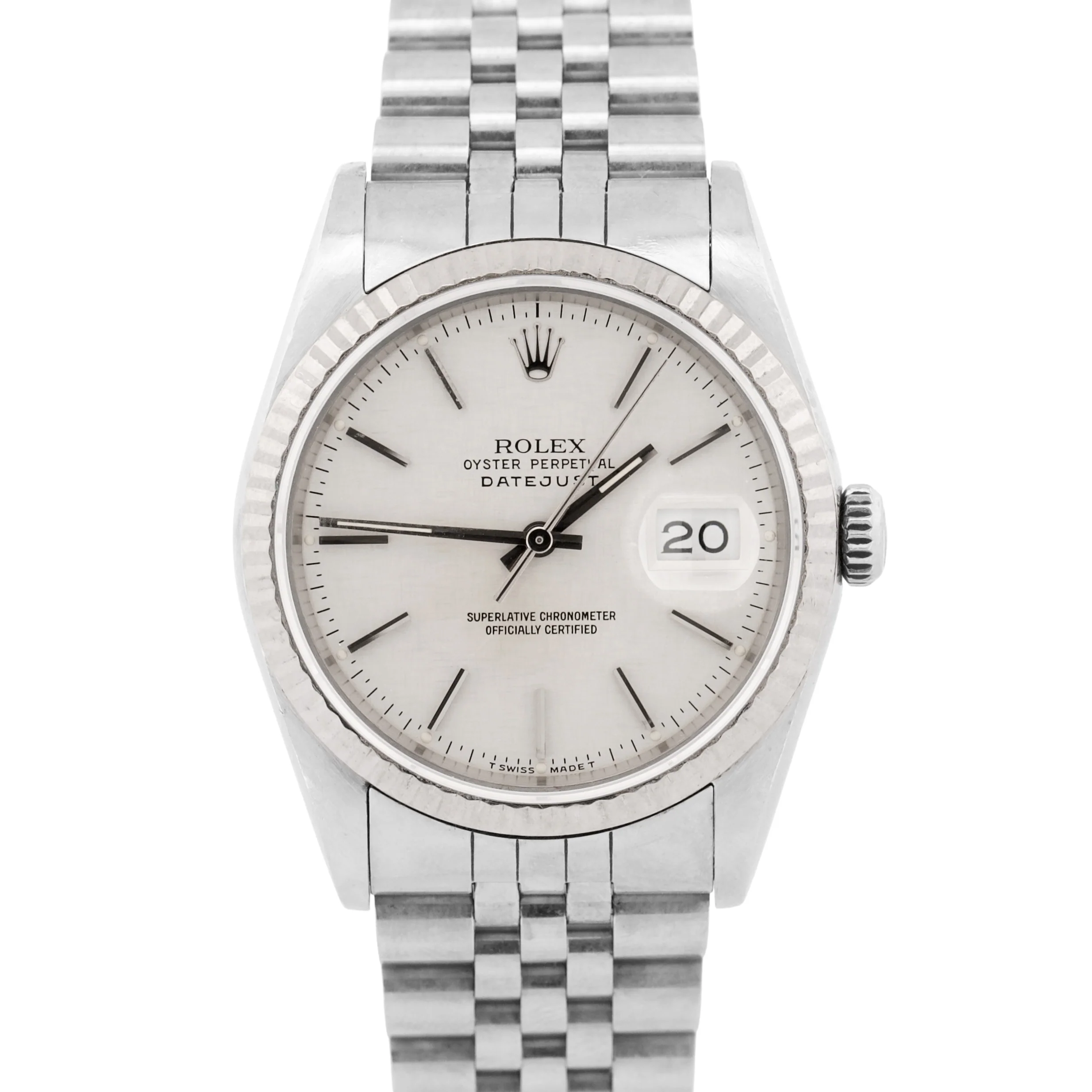 Rolex DateJust SILVER LINEN 36mm Stainless Steel 18K White Gold JUBILEE 16234