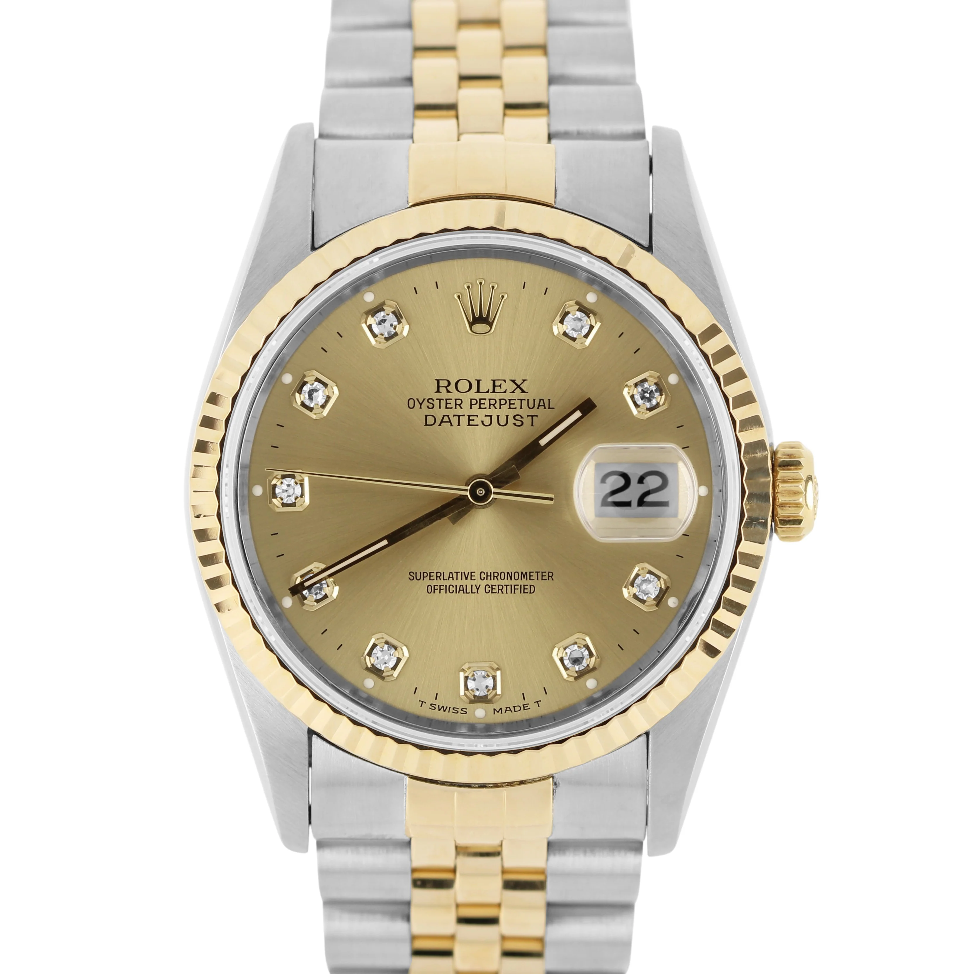 Rolex DateJust Two-Tone 18k Gold NO-HOLES Champagne DIAMOND 36mm 16233 Watch
