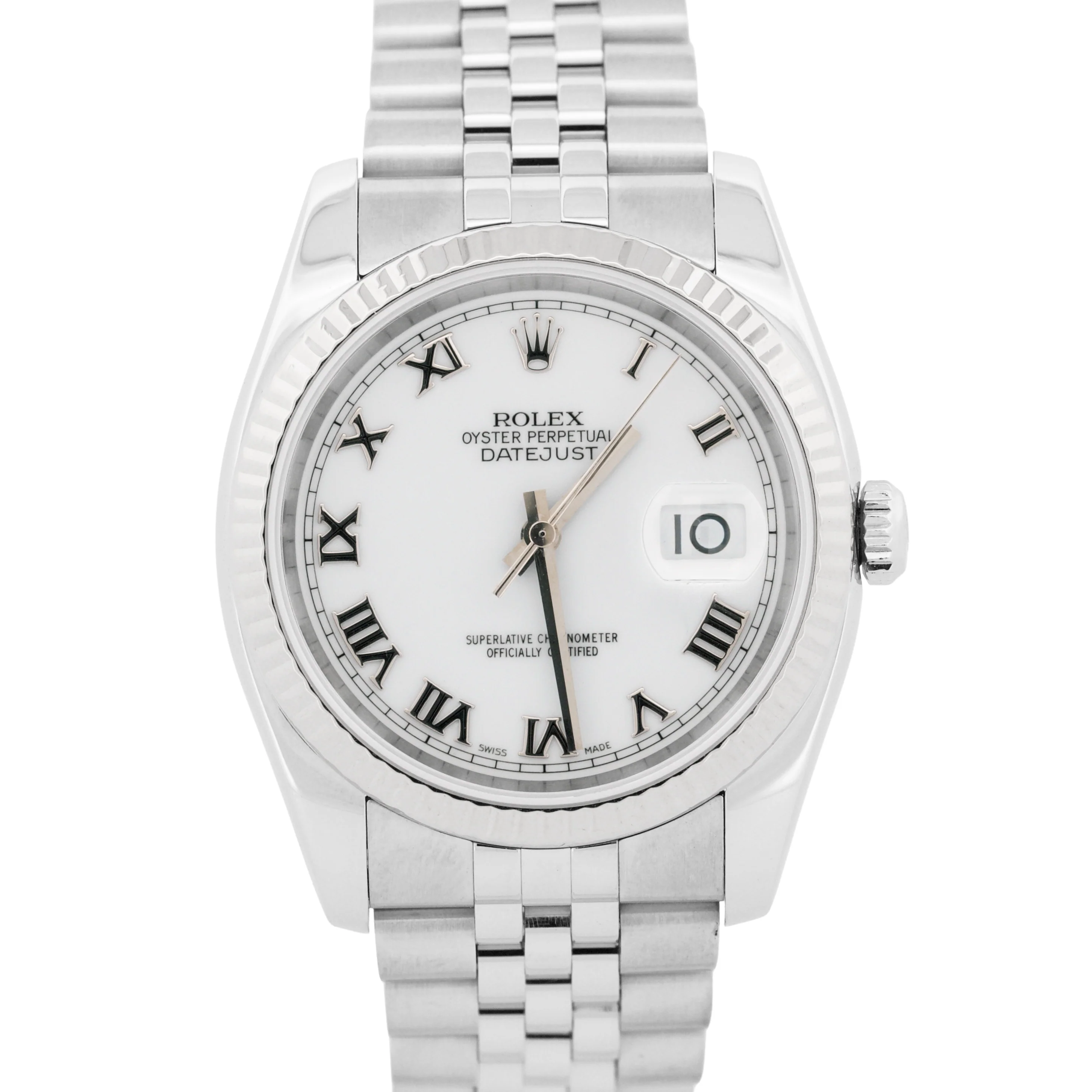 Rolex DateJust WHITE ROMAN 36mm 18K White Gold Fluted Steel JUBILEE 116234 Watch