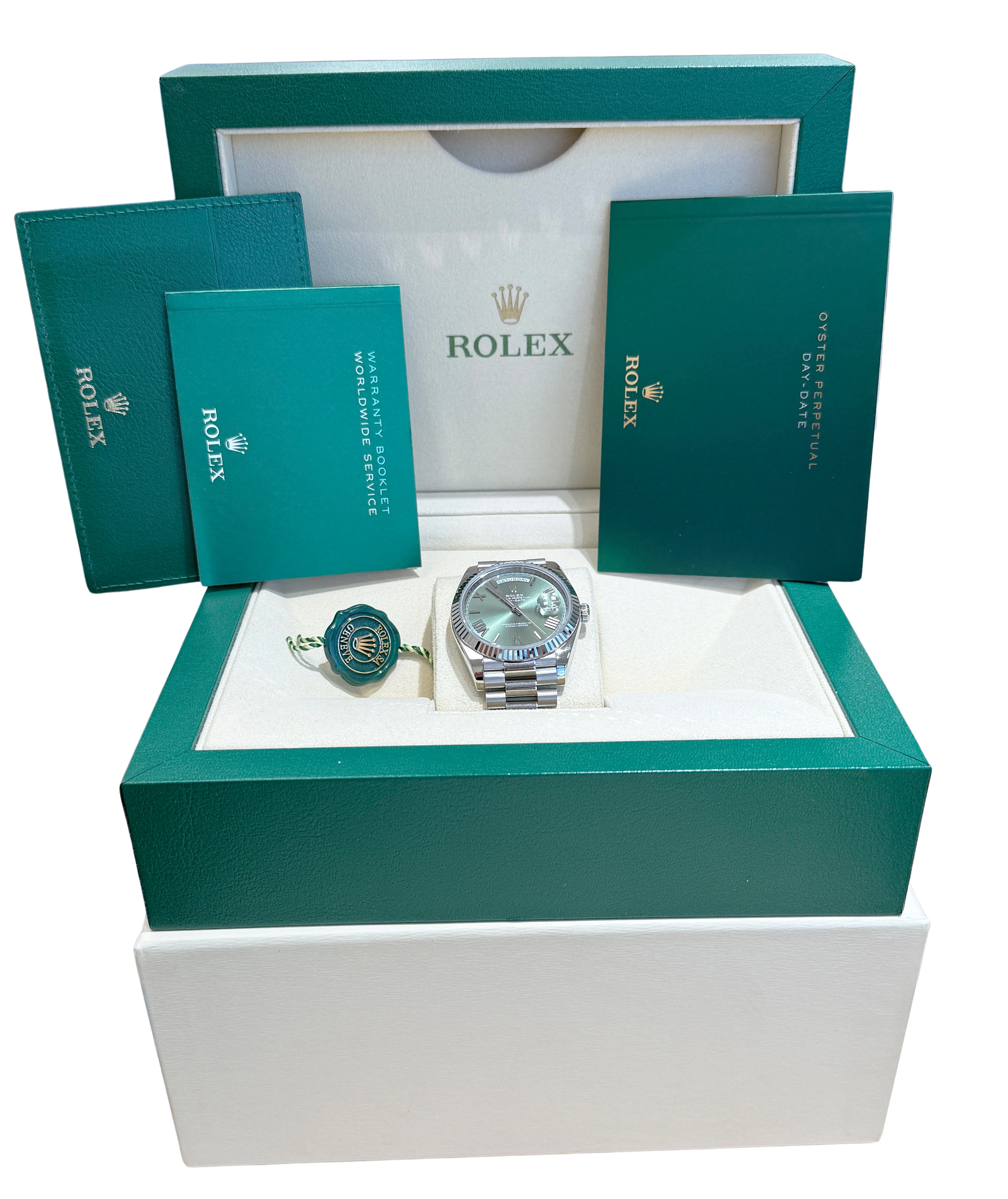 Rolex Day-Date 40mm OLIVE Green Roman President 18K White Gold 228239 Watch BOX - Image 2