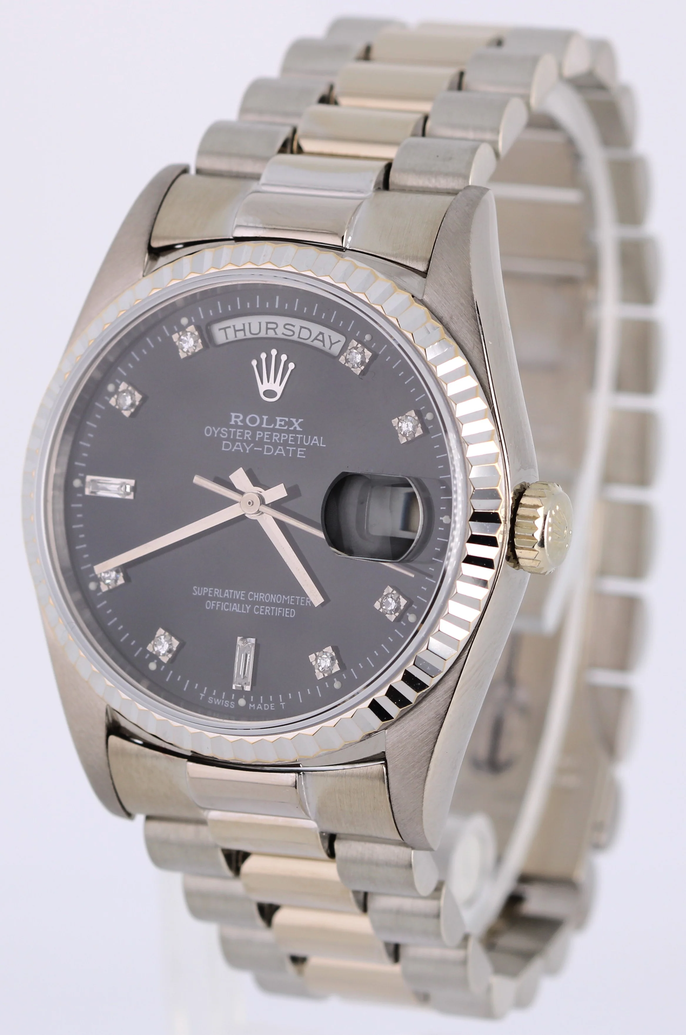 Rolex Day-Date President 18k White Gold Black DIAMOND 36mm Fluted 18239 Watch - Image 2