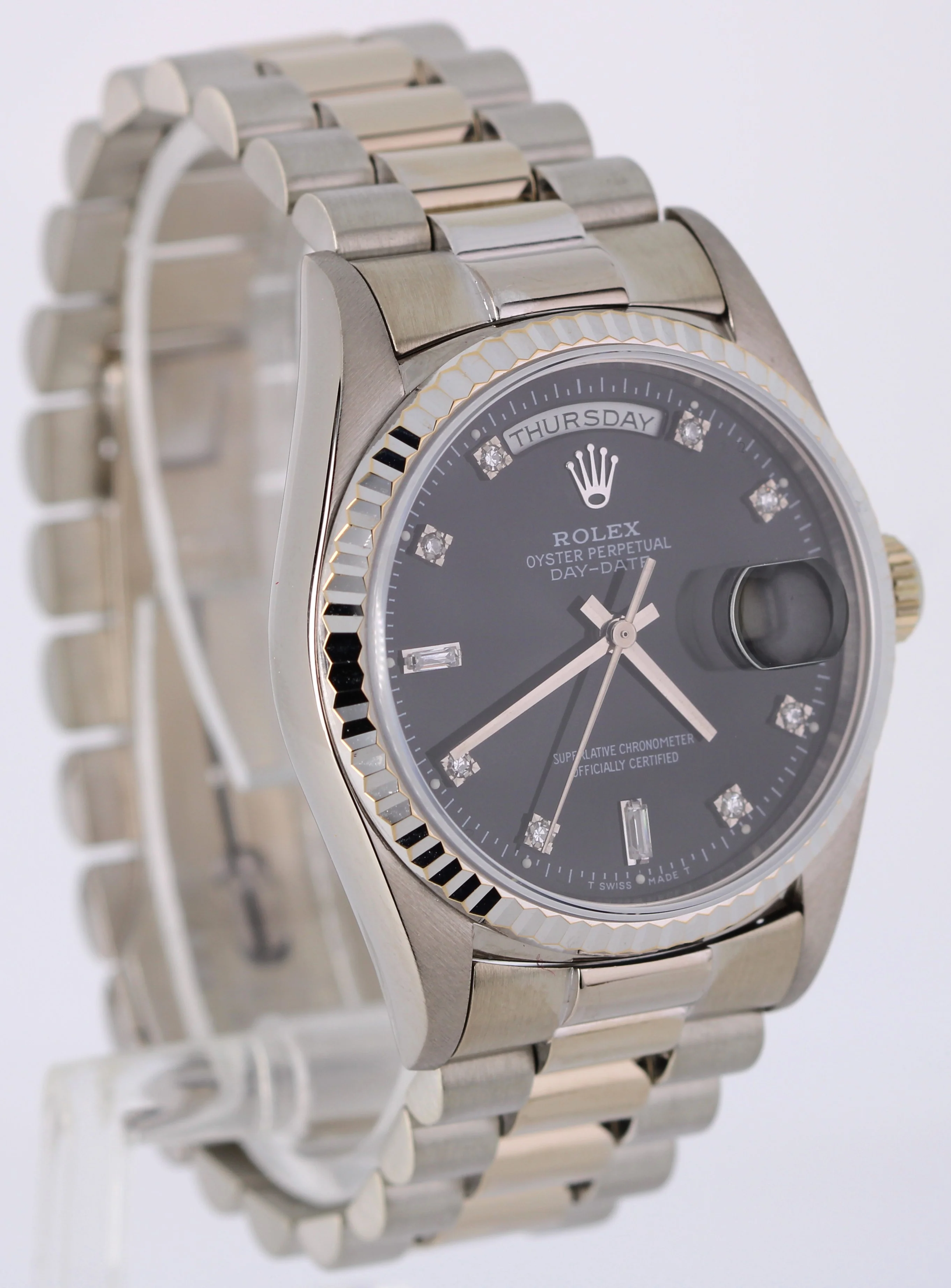 Rolex Day-Date President 18k White Gold Black DIAMOND 36mm Fluted 18239 Watch - Image 3