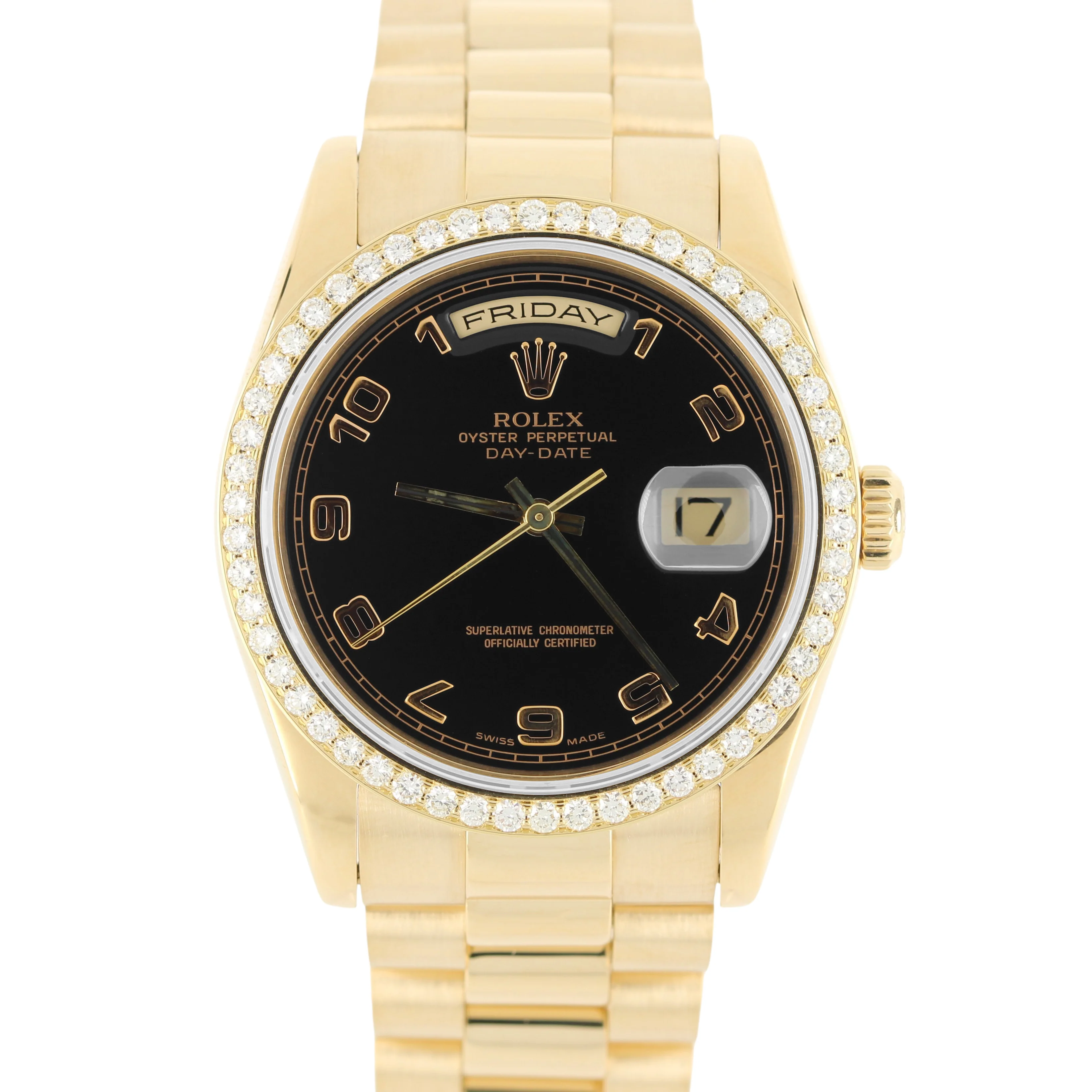 Rolex Day-Date PRESIDENT 18k Yellow Gold Black 36mm DIAMOND Bezel 118208 Watch