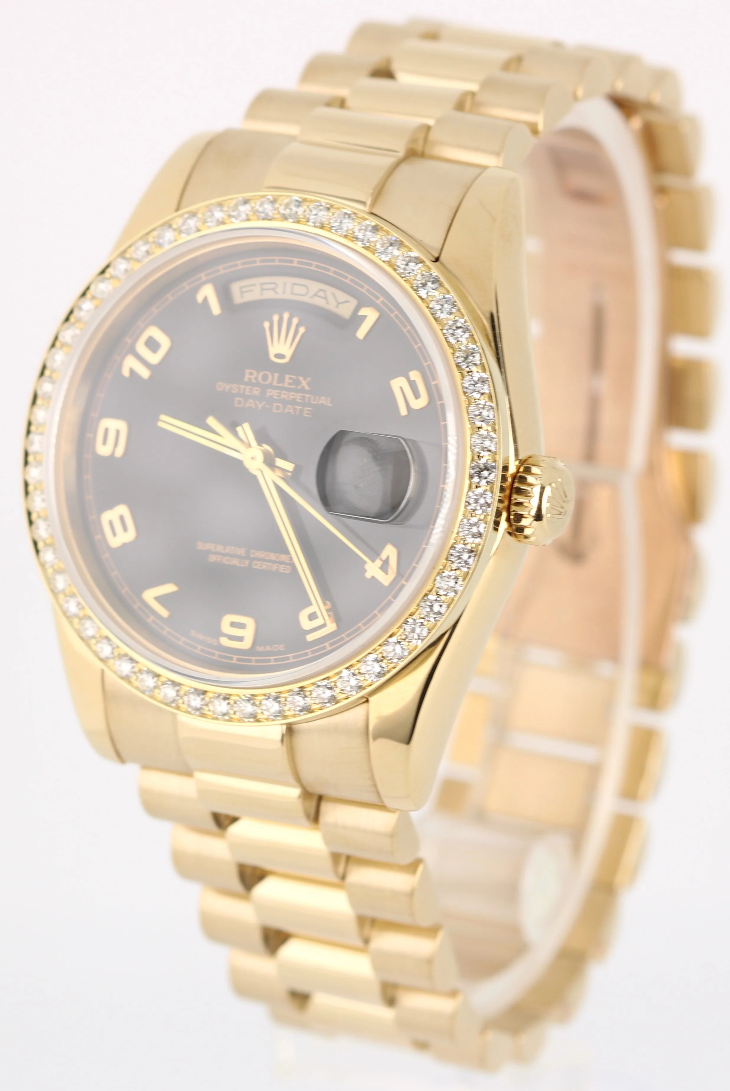 Rolex Day-Date PRESIDENT 18k Yellow Gold Black 36mm DIAMOND Bezel 118208 Watch - Image 3