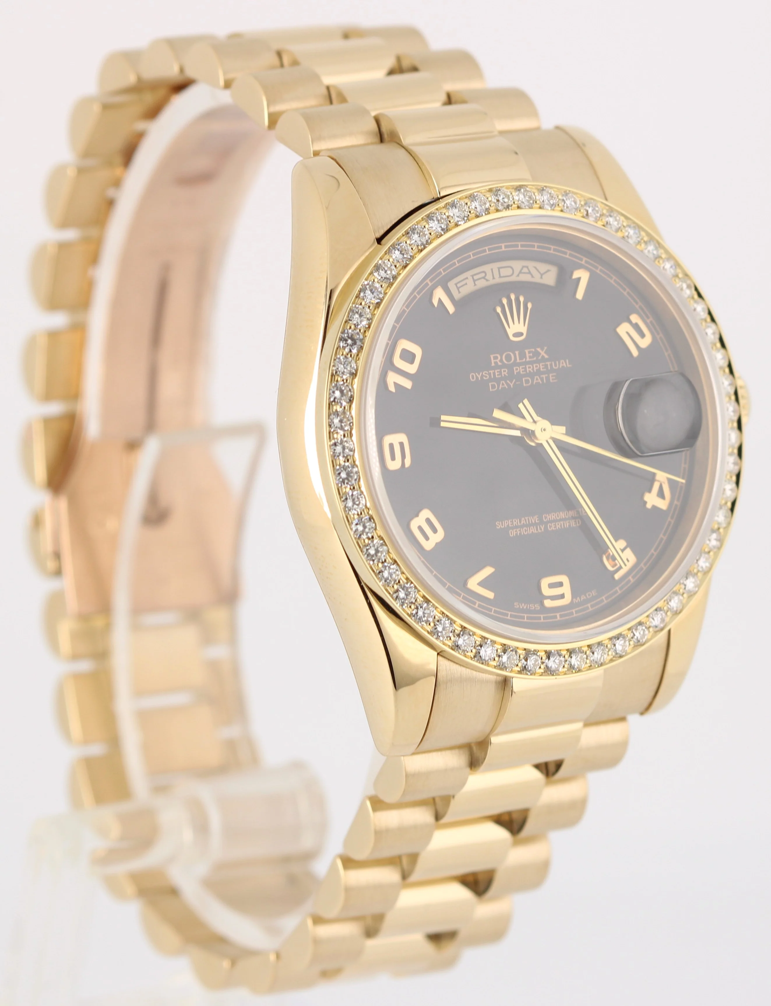 Rolex Day-Date PRESIDENT 18k Yellow Gold Black 36mm DIAMOND Bezel 118208 Watch - Image 4