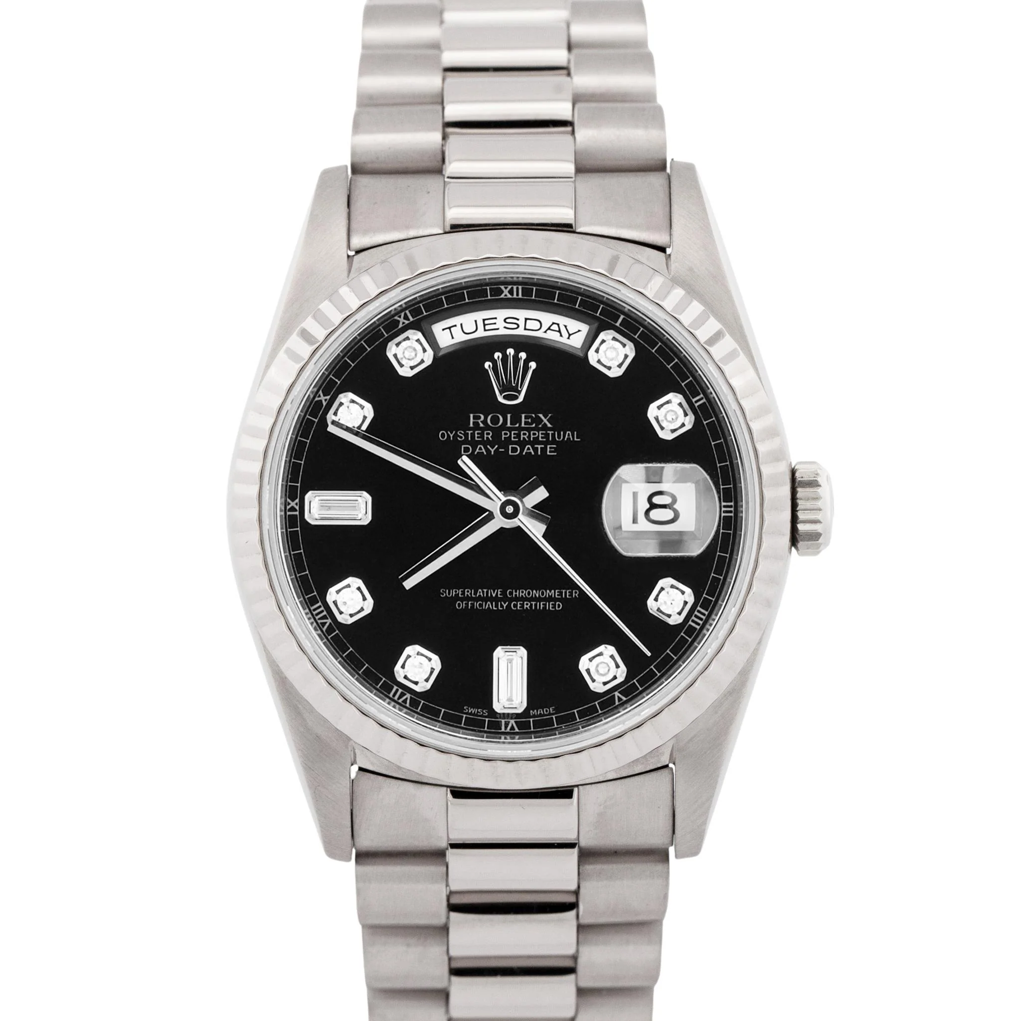 Rolex Day-Date President BLACK DIAMOND 18K White Gold Silver 36mm Watch 18239