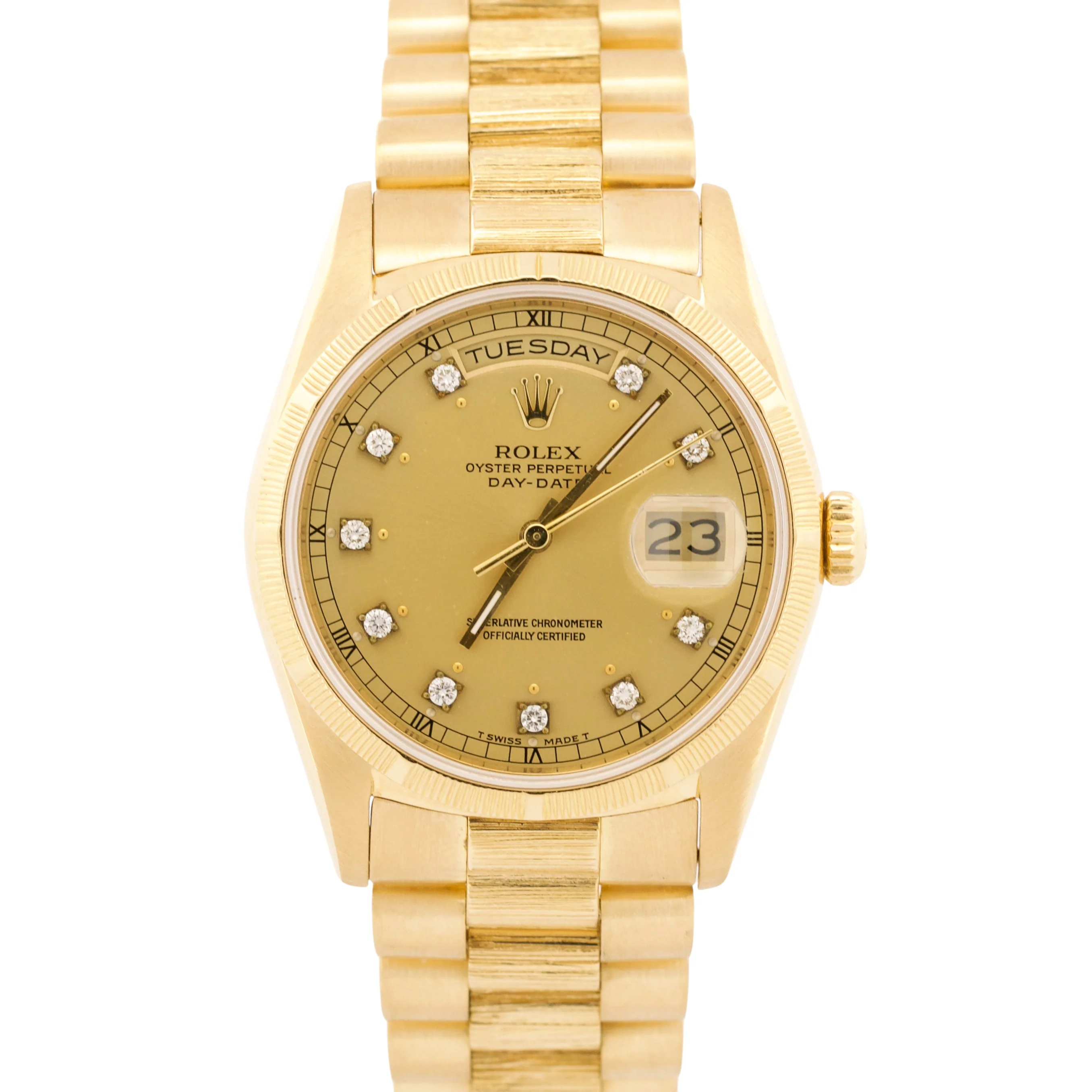 Rolex Day-Date President CHAMPAGNE DIAMOND 18K Yellow Gold BARK 36mm 18308 Watch