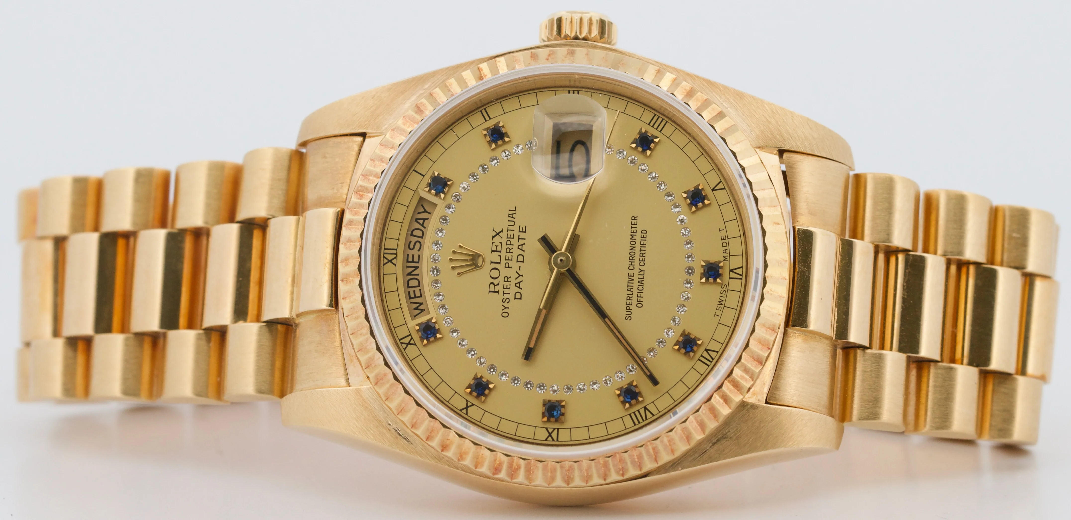 Rolex Day-Date President CHAMPAGNE DIAMOND SAPPHIRE STRING 36mm 18K Gold 18038 - Image 9