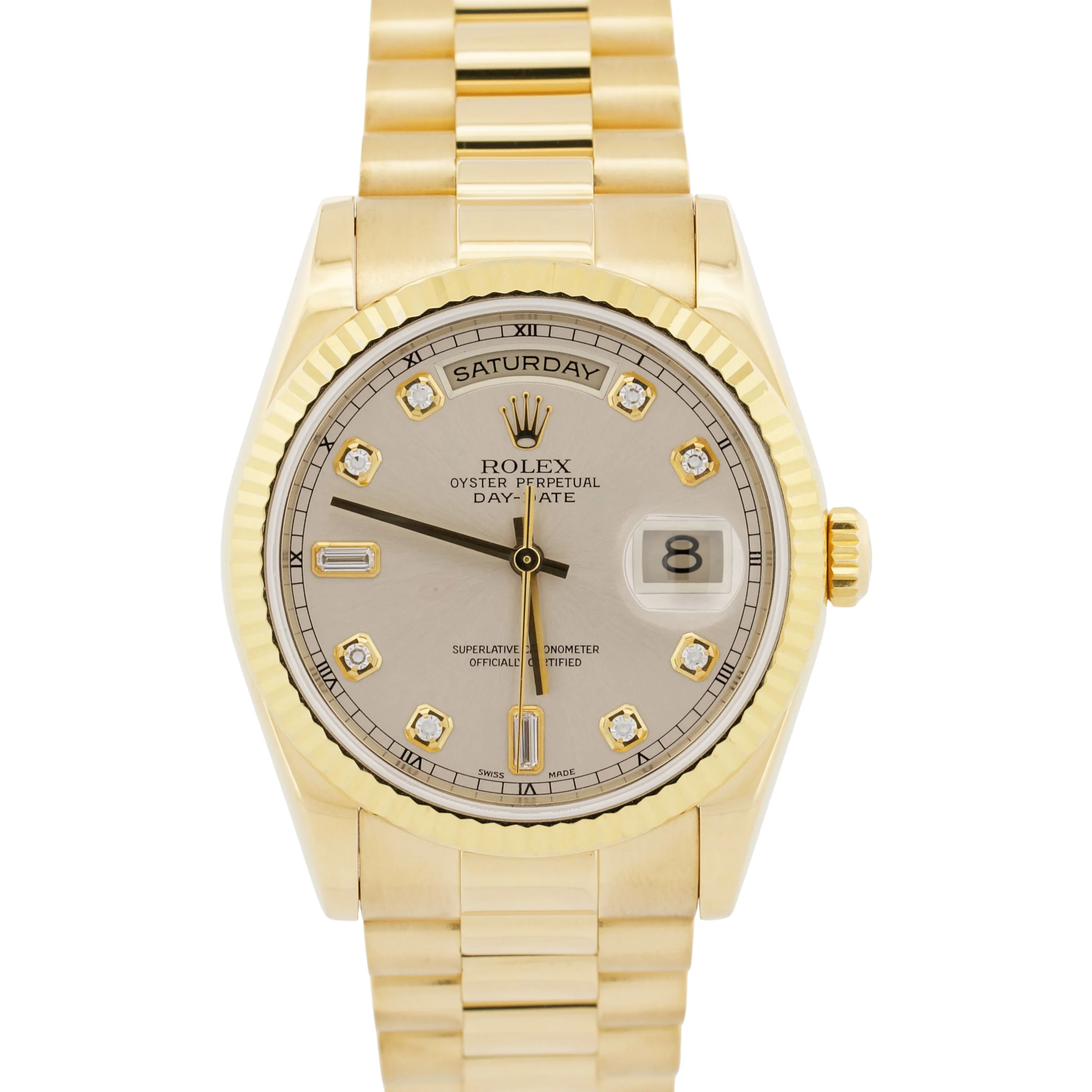 Rolex Day-Date President SILVER DIAMOND 18K Yellow Gold Fluted 36mm 118238 BOX