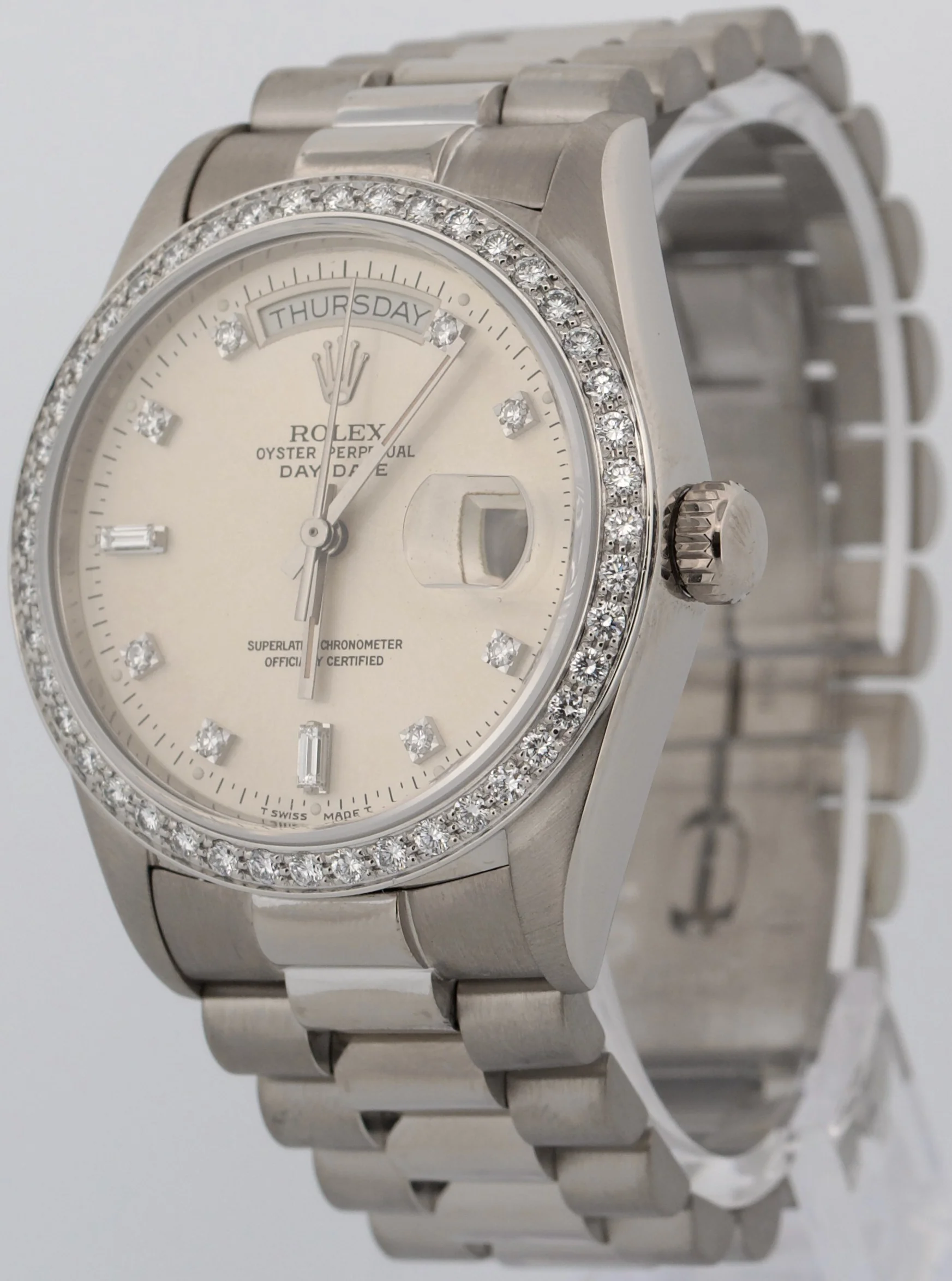 Rolex Day-Date President Silver FACTORY DIAMOND BEZEL 36mm 18K White Gold 18049 - Image 3