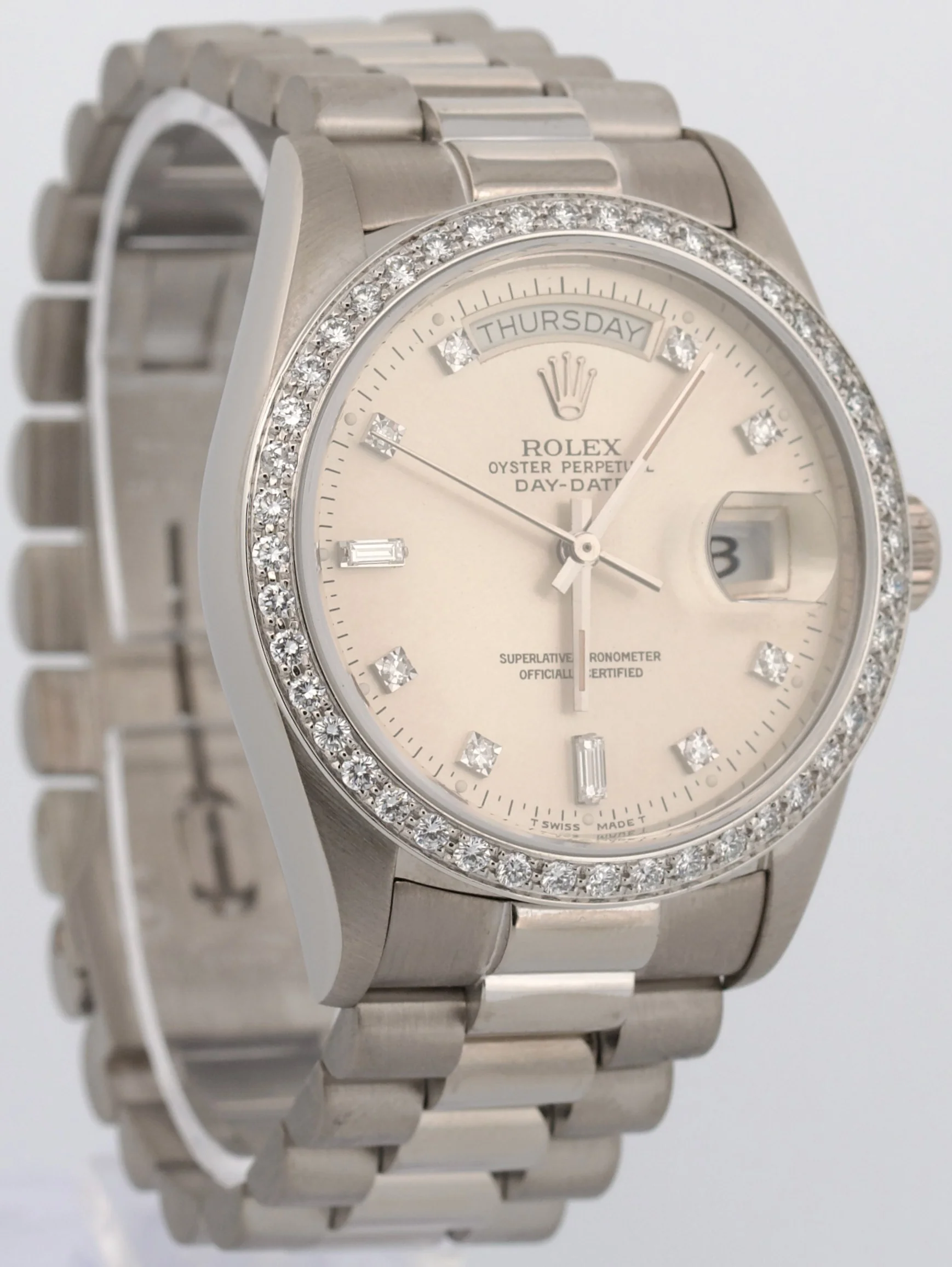 Rolex Day-Date President Silver FACTORY DIAMOND BEZEL 36mm 18K White Gold 18049 - Image 4