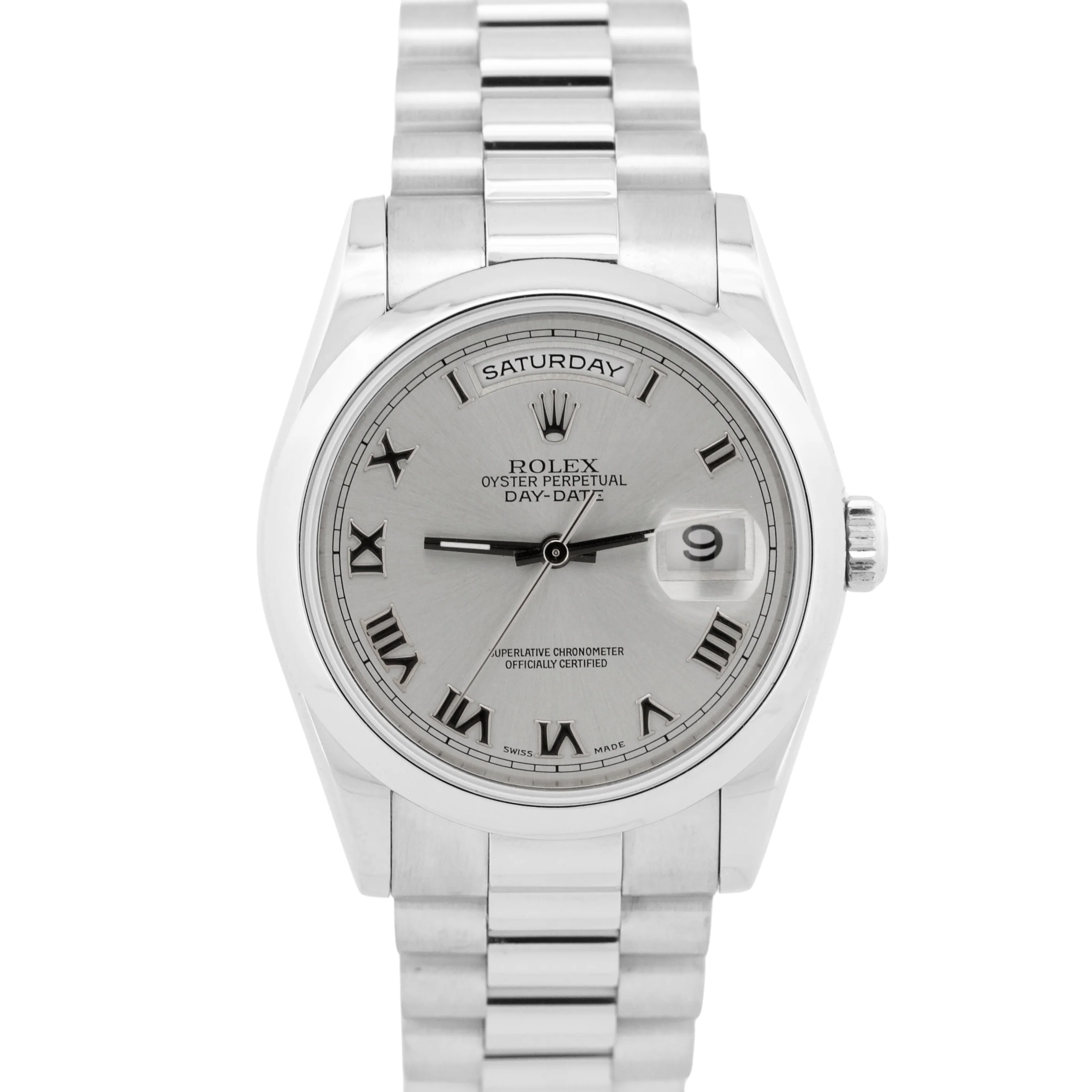 Rolex Day-Date Presidential 36mm SILVER ROMAN 950 Platinum 118206 Watch BOX