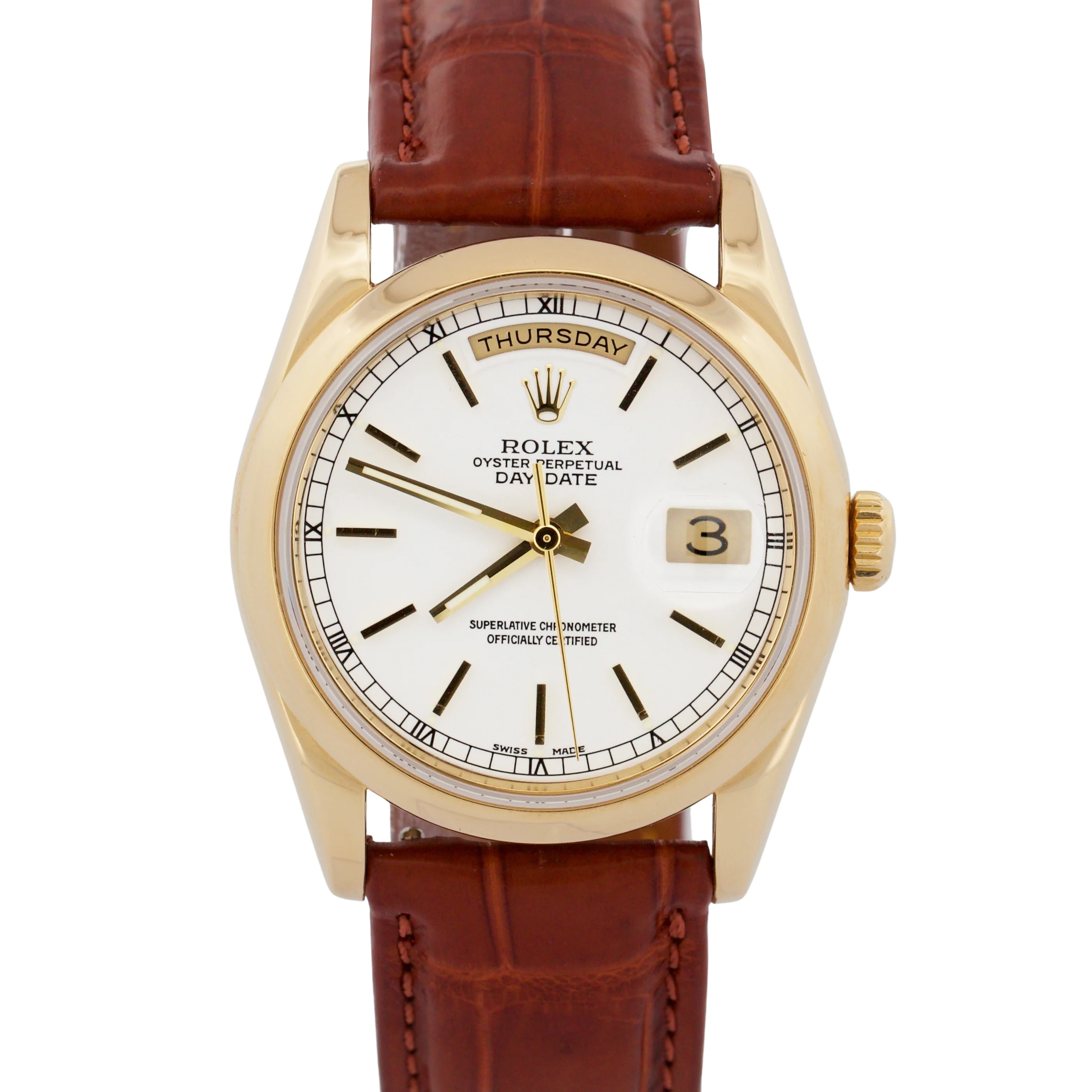 Rolex Day-Date WHITE 18K Yellow Gold Smooth Brown Leather 36mm Watch 118208