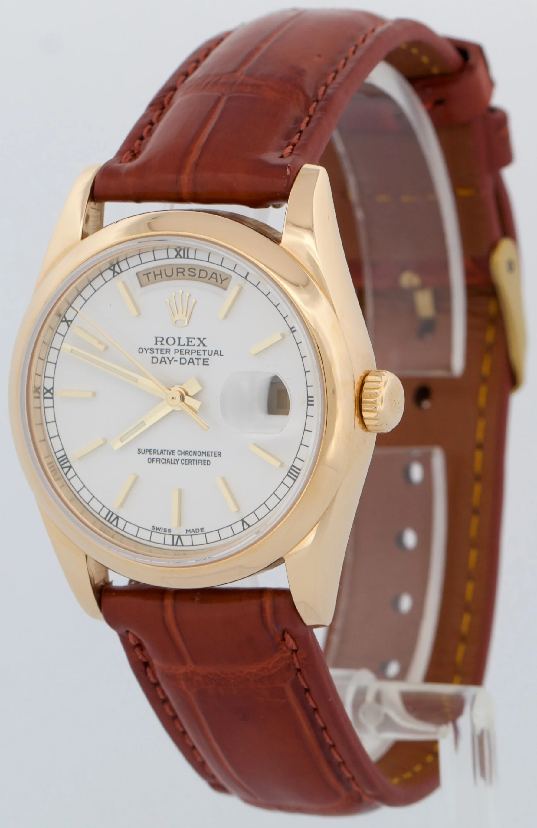 Rolex Day-Date WHITE 18K Yellow Gold Smooth Brown Leather 36mm Watch 118208 - Image 3