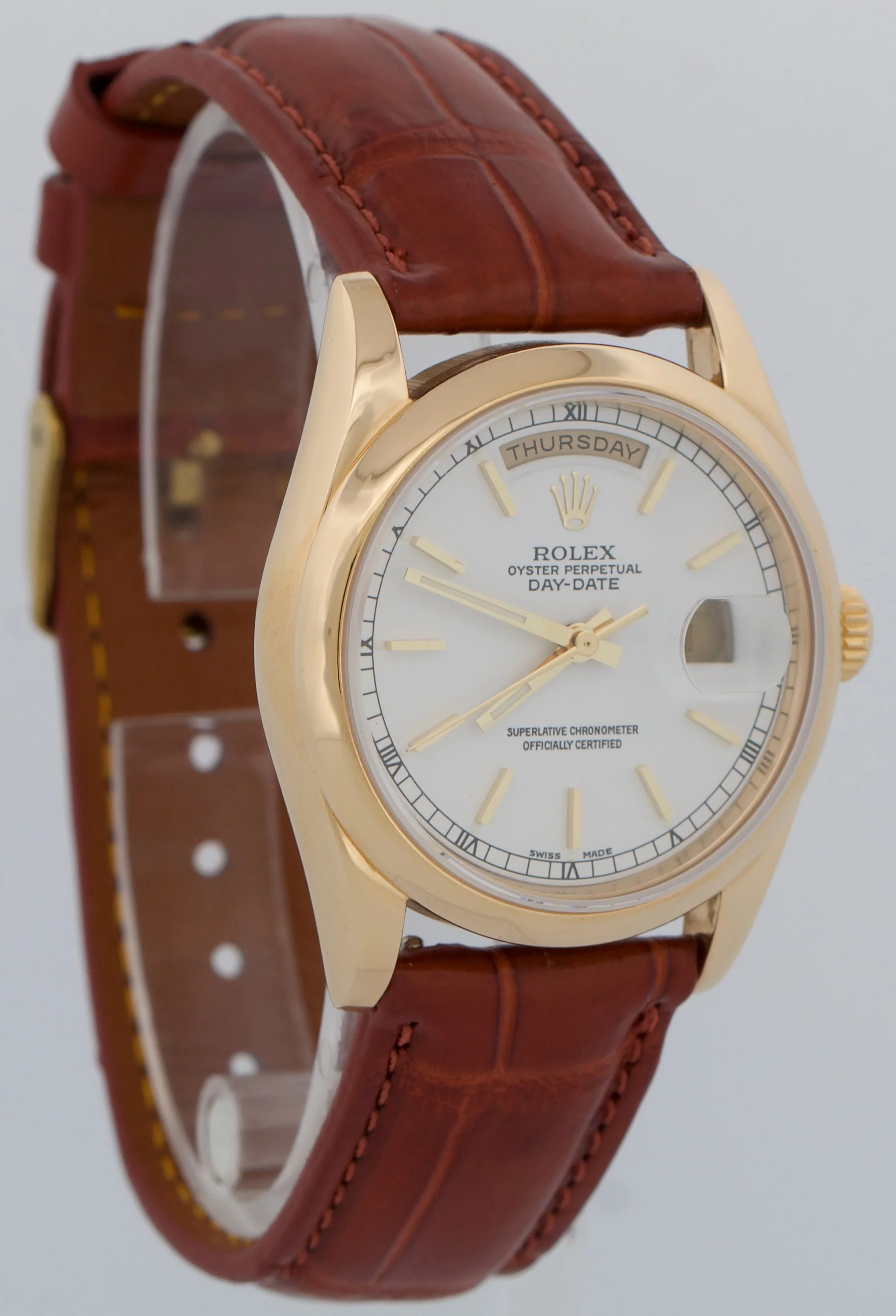 Rolex Day-Date WHITE 18K Yellow Gold Smooth Brown Leather 36mm Watch 118208 - Image 4