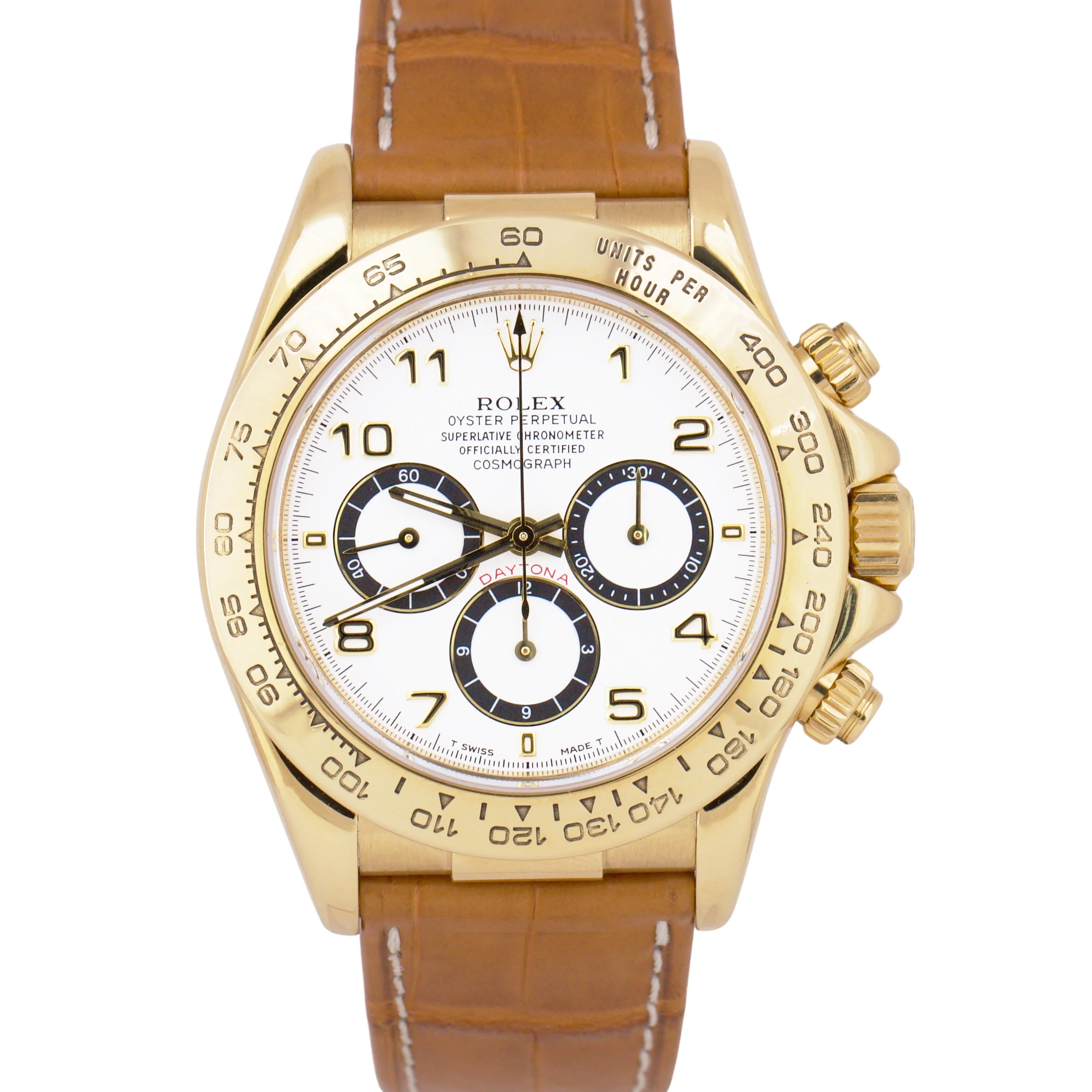 Rolex Daytona Cosmograph 18K Yellow Gold WHITE 40mm Brown Leather 16518 Watch