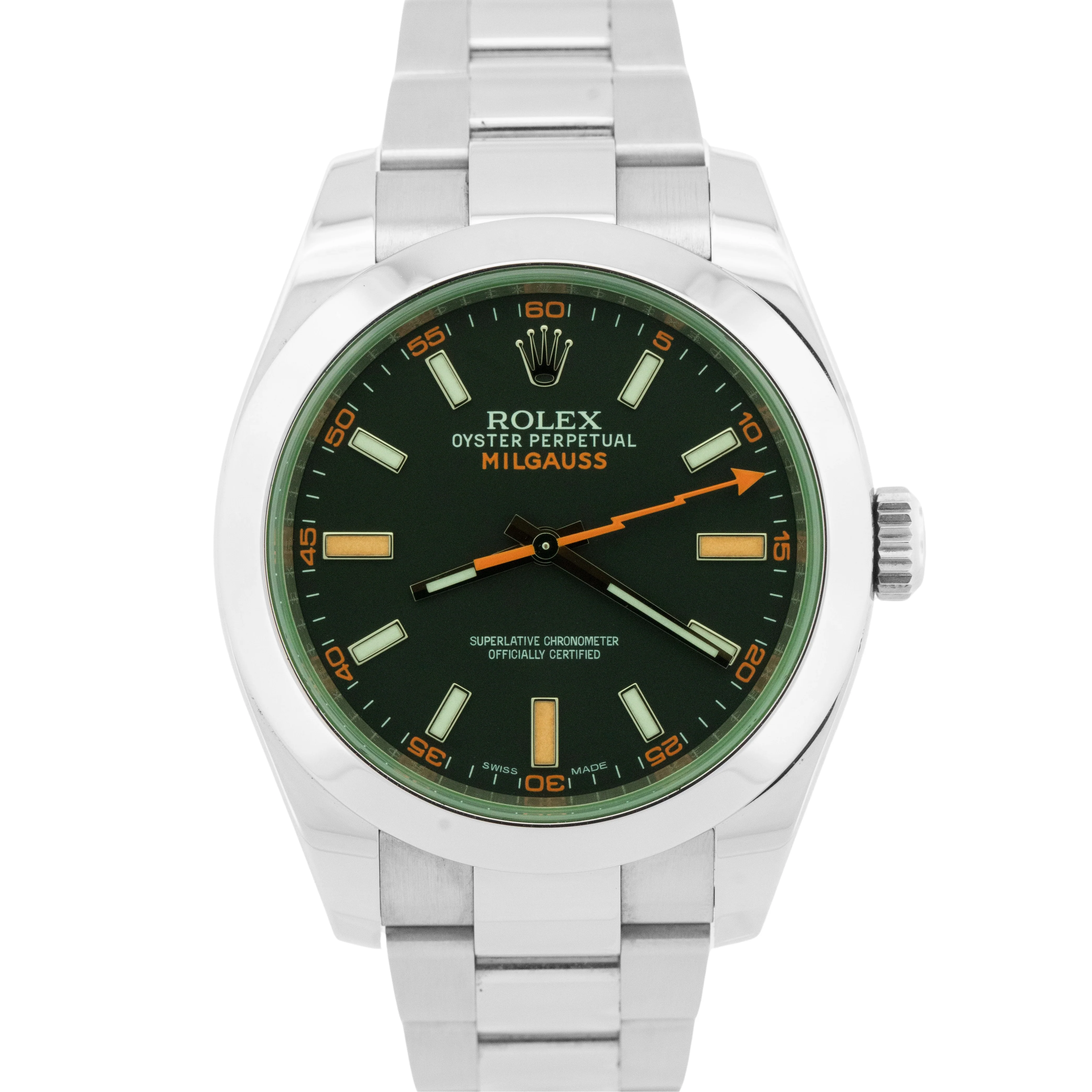 Rolex Milgauss BLACK Green Orange Stainless Steel 40mm Oyster 116400 GV Watch