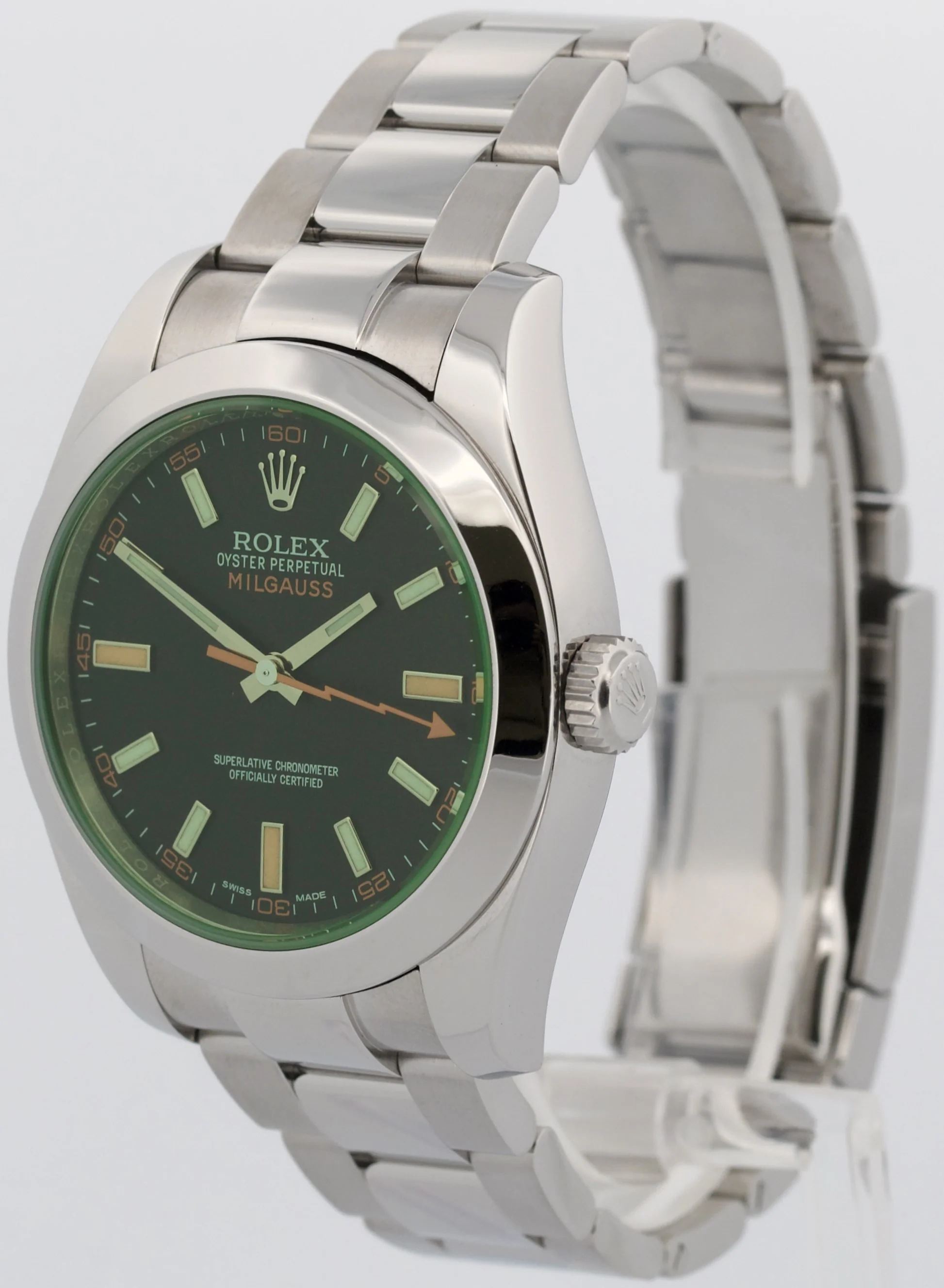 Rolex Milgauss BLACK Orange Steel Green Crystal 40mm Smooth Oyster 116400 GV - Image 3