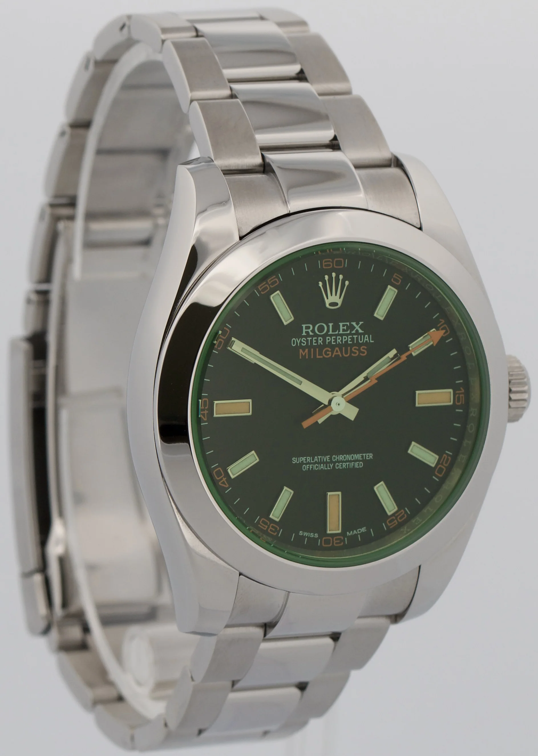 Rolex Milgauss BLACK Orange Steel Green Crystal 40mm Smooth Oyster 116400 GV - Image 4