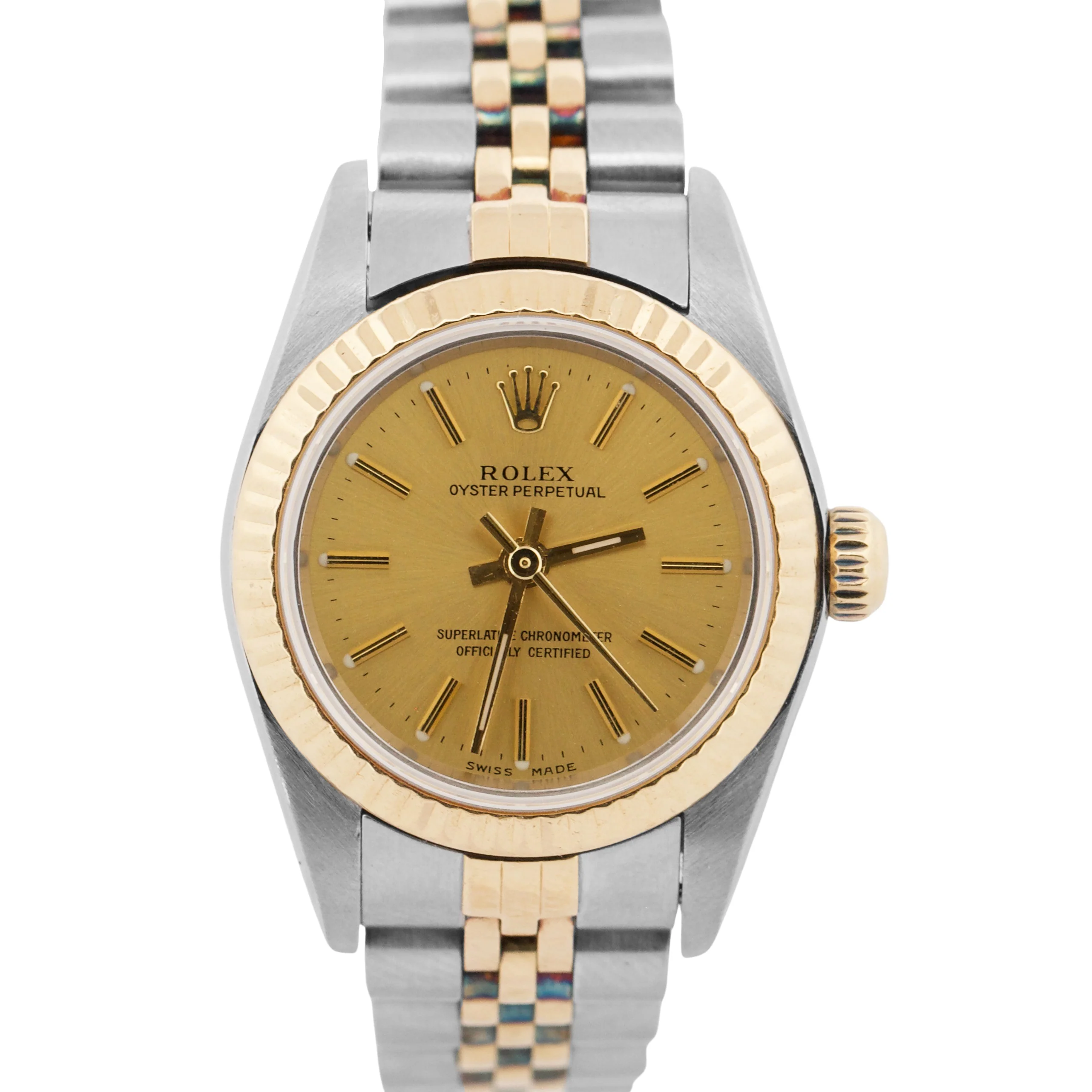 Rolex Oyster Perpetual 24mm CHAMPAGNE 18K Yellow Gold Steel JUBILEE 76193 Watch