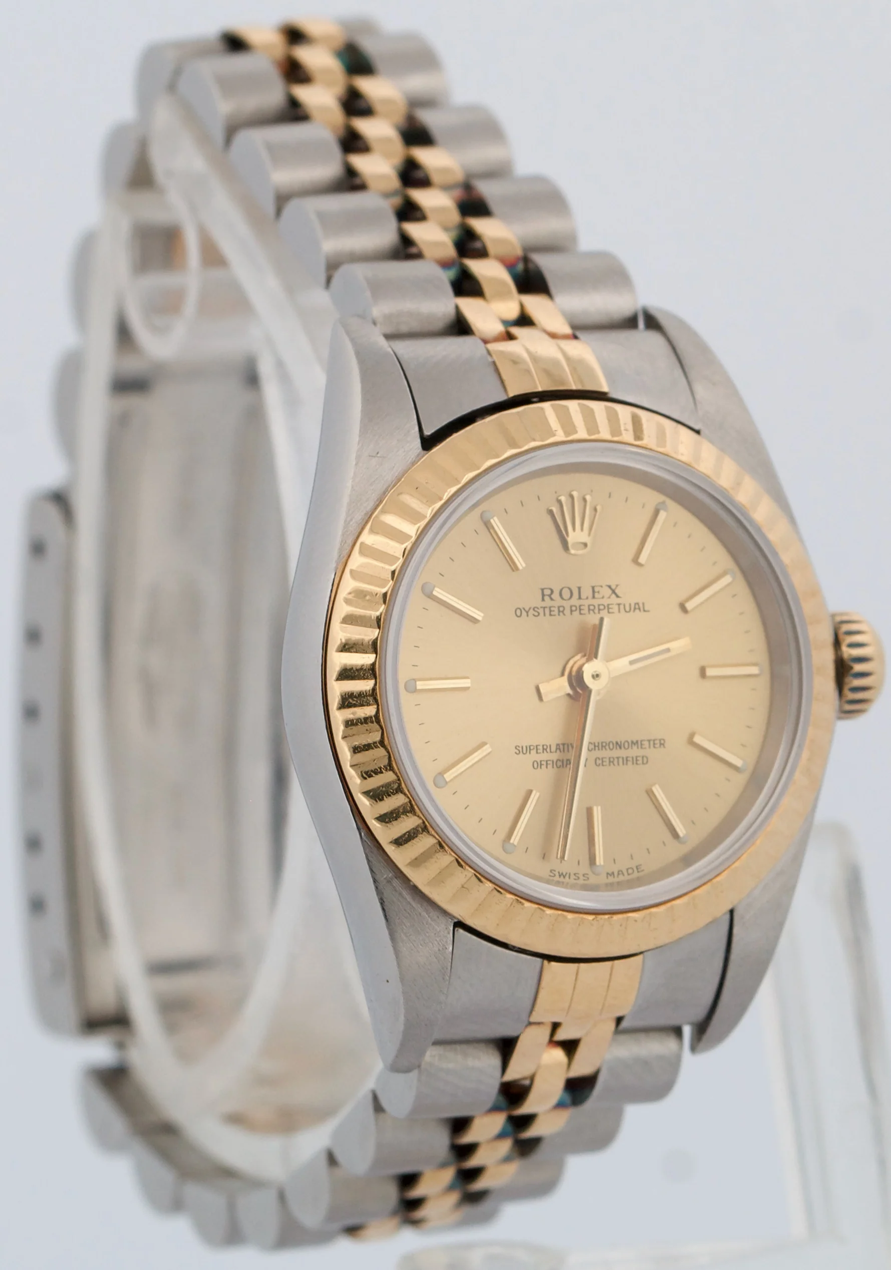 Rolex Oyster Perpetual 24mm CHAMPAGNE 18K Yellow Gold Steel JUBILEE 76193 Watch - Image 4