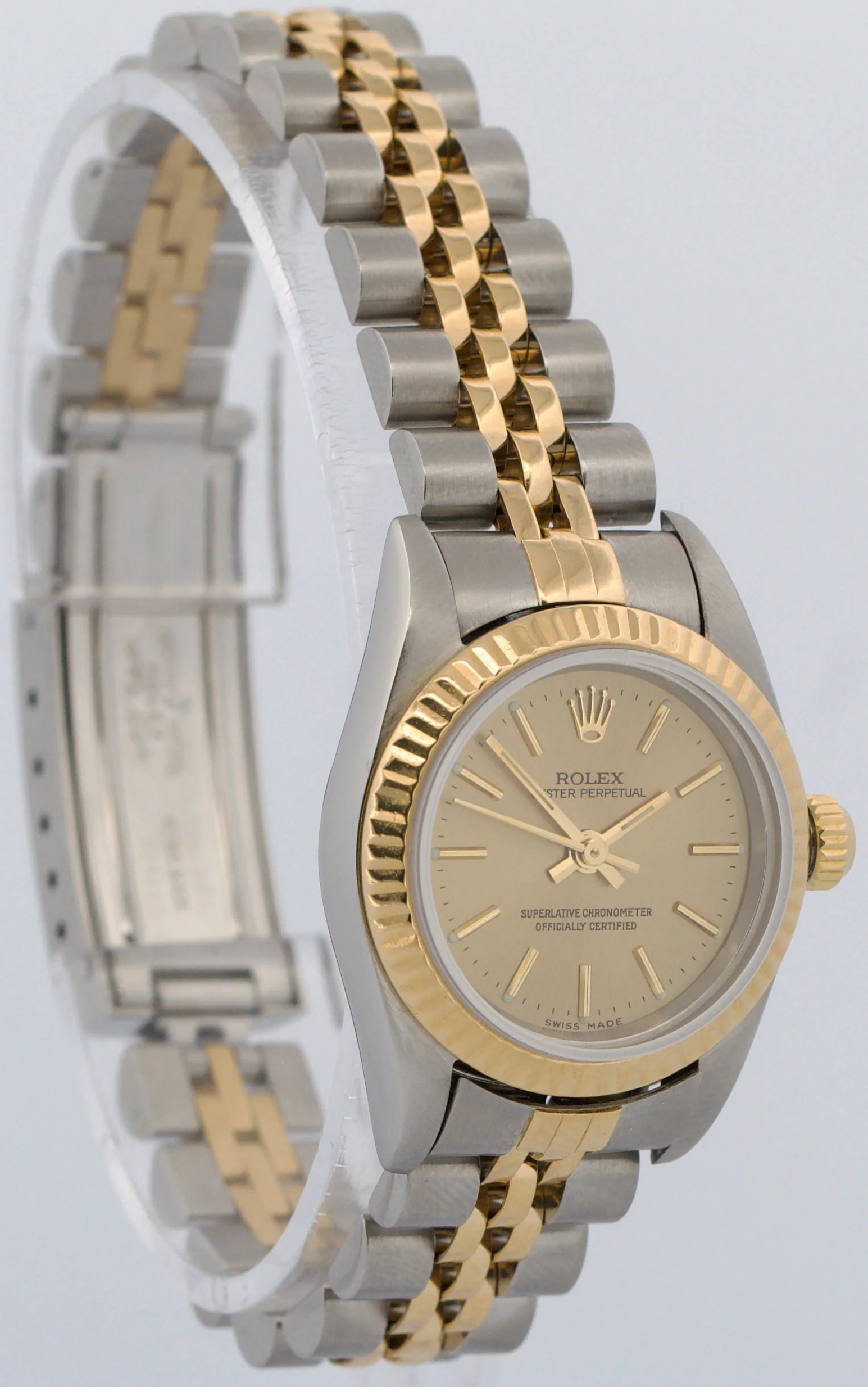 Rolex Oyster Perpetual 24mm CHAMPAGNE 18K Yellow Gold Steel JUBILEE 76193 Watch - Image 4