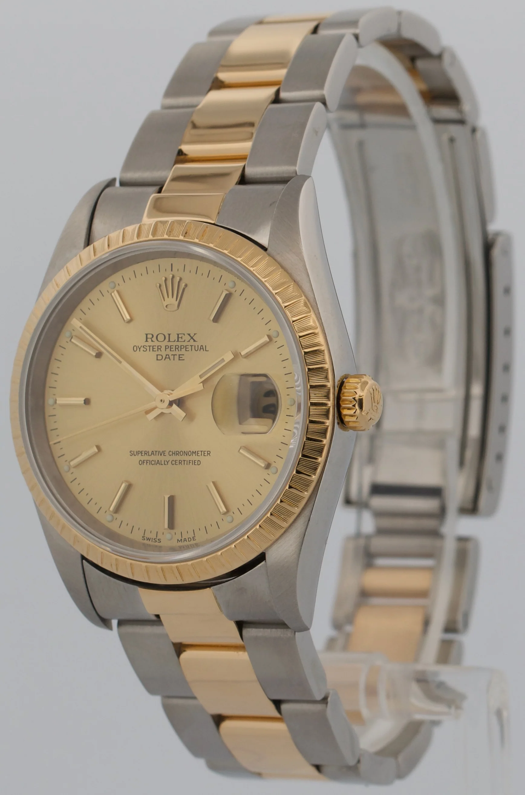 Rolex Oyster Perpetual Date 34mm CHAMPAGNE 18K Steel Engine-Turned Oyster 15233 - Image 3