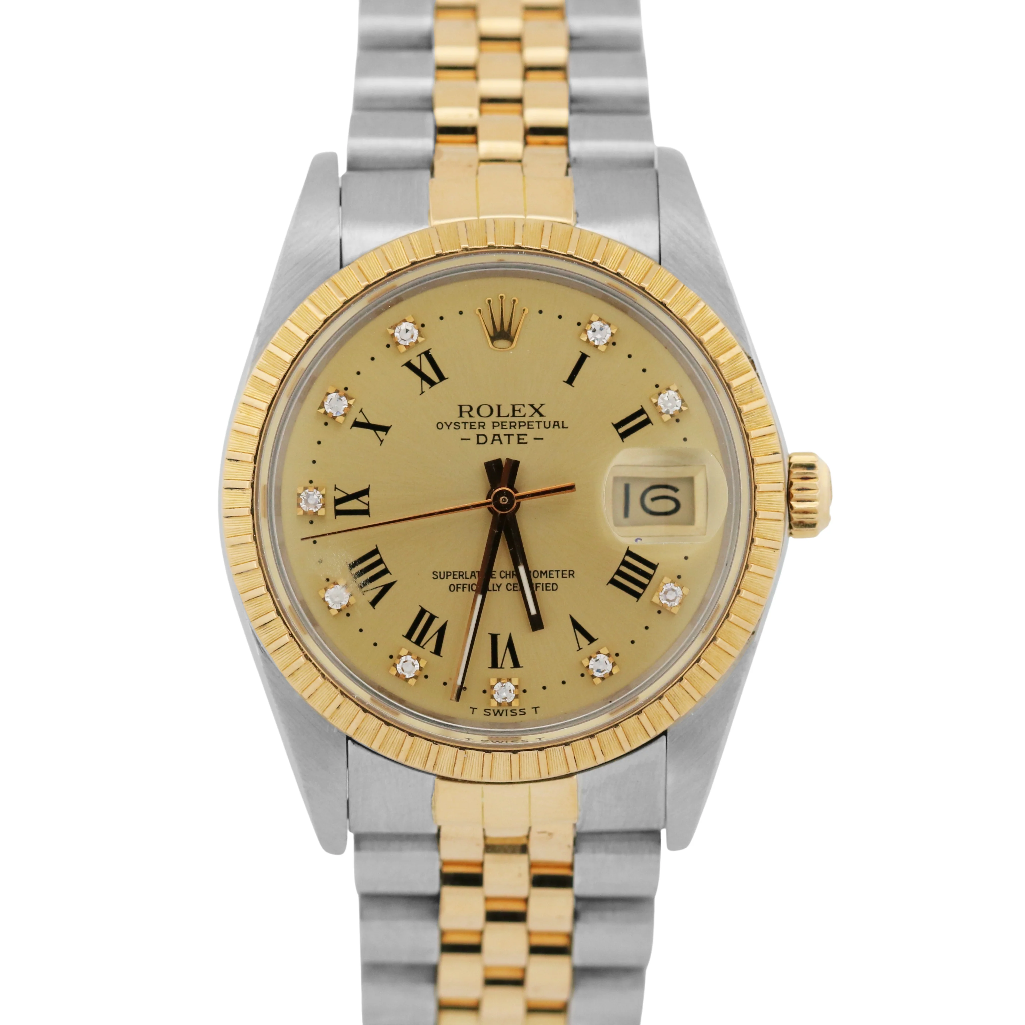 Rolex Oyster Perpetual Date 34mm CHAMPAGNE DIAMOND 18K Gold Steel JUBILEE 15053