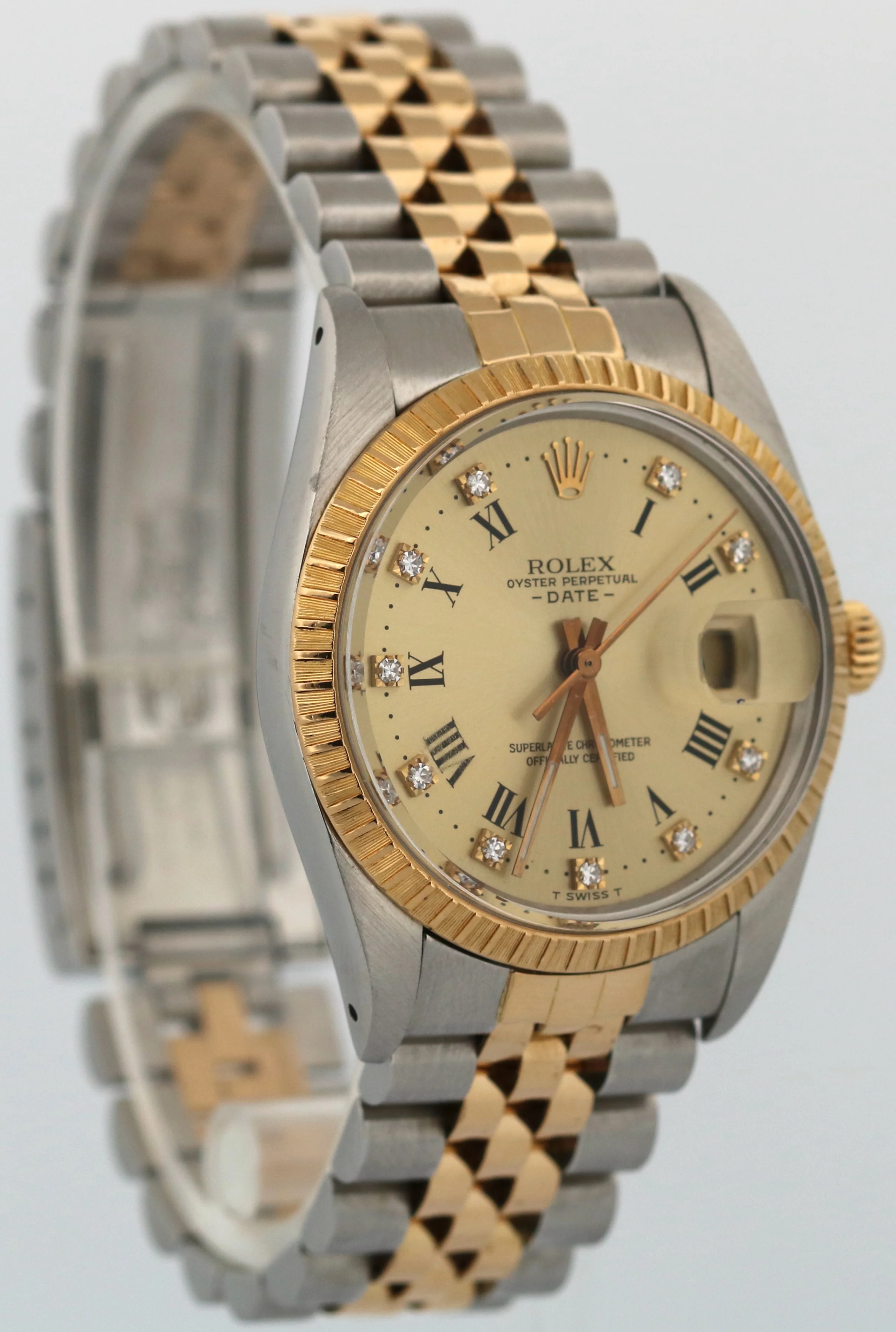 Rolex Oyster Perpetual Date 34mm CHAMPAGNE DIAMOND 18K Gold Steel JUBILEE 15053 - Image 4