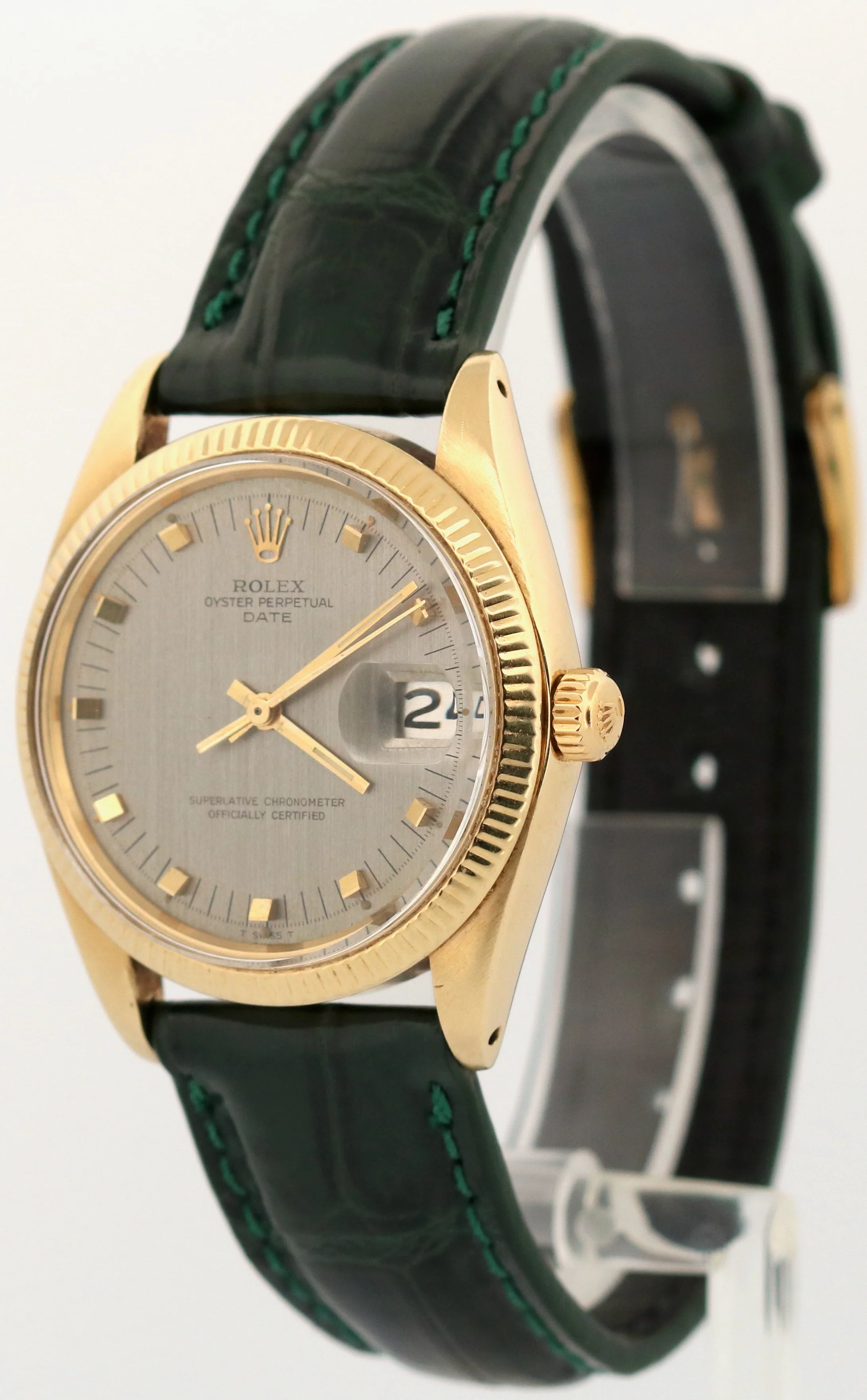 Rolex Oyster Perpetual Date 34mm SILVER 14K Yellow Gold Green Leather 1503 Watch - Image 3