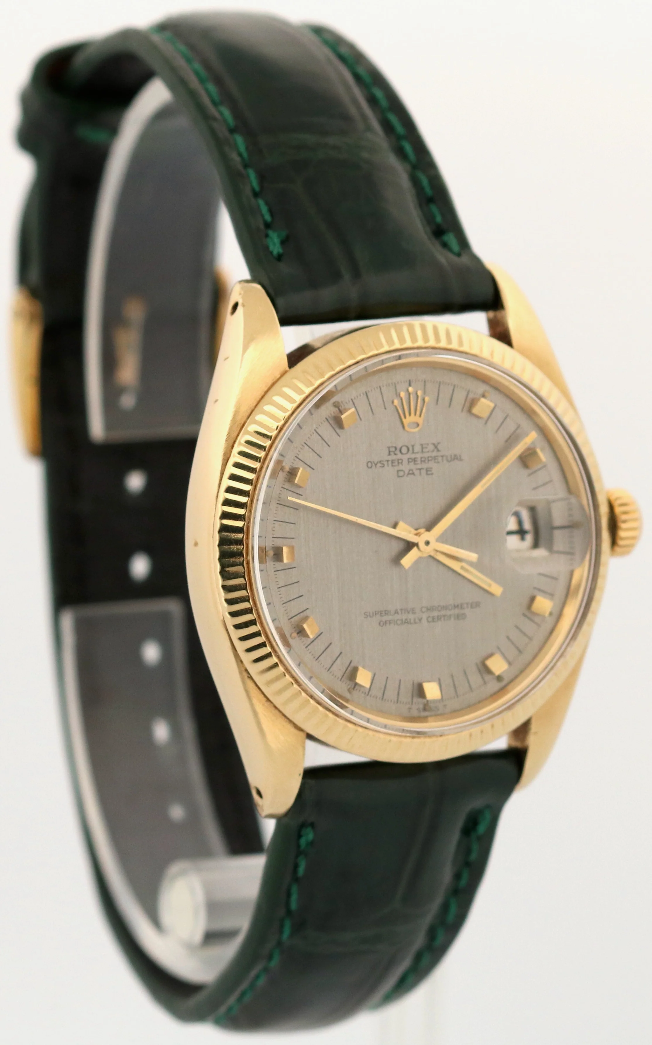 Rolex Oyster Perpetual Date 34mm SILVER 14K Yellow Gold Green Leather 1503 Watch - Image 4