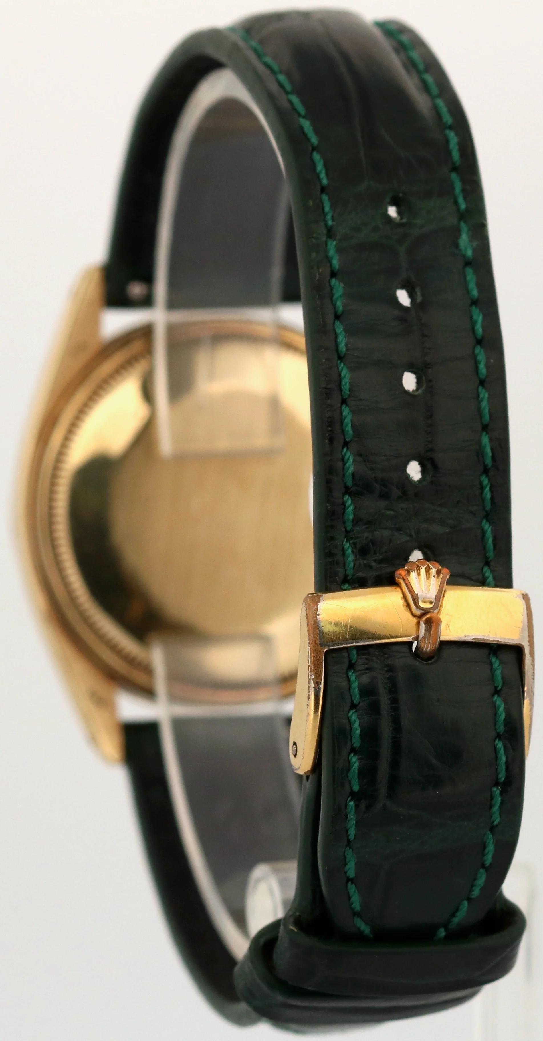Rolex Oyster Perpetual Date 34mm SILVER 14K Yellow Gold Green Leather 1503 Watch - Image 5