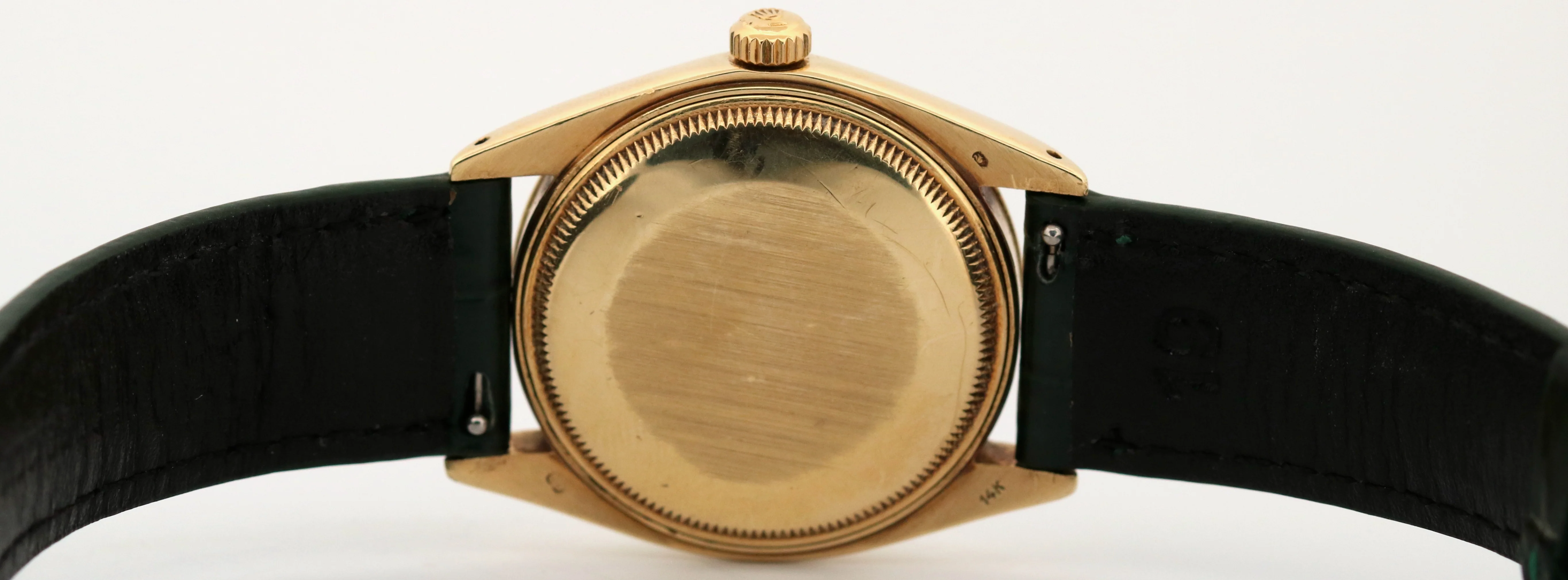 Rolex Oyster Perpetual Date 34mm SILVER 14K Yellow Gold Green Leather 1503 Watch - Image 8