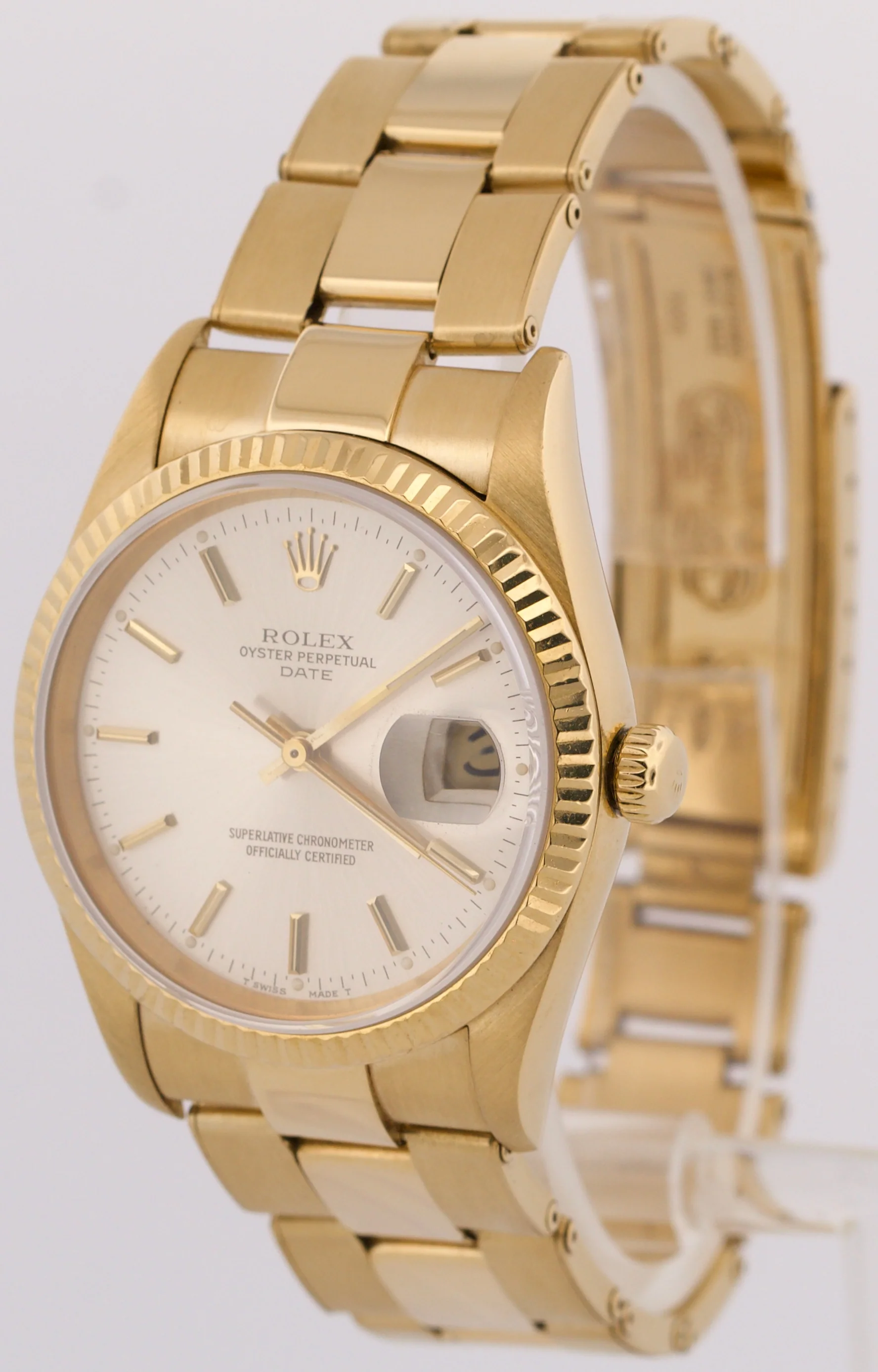 Rolex Oyster Perpetual Date 34mm SILVER 18K Yellow Gold FLUTED Watch 15238 - Image 3