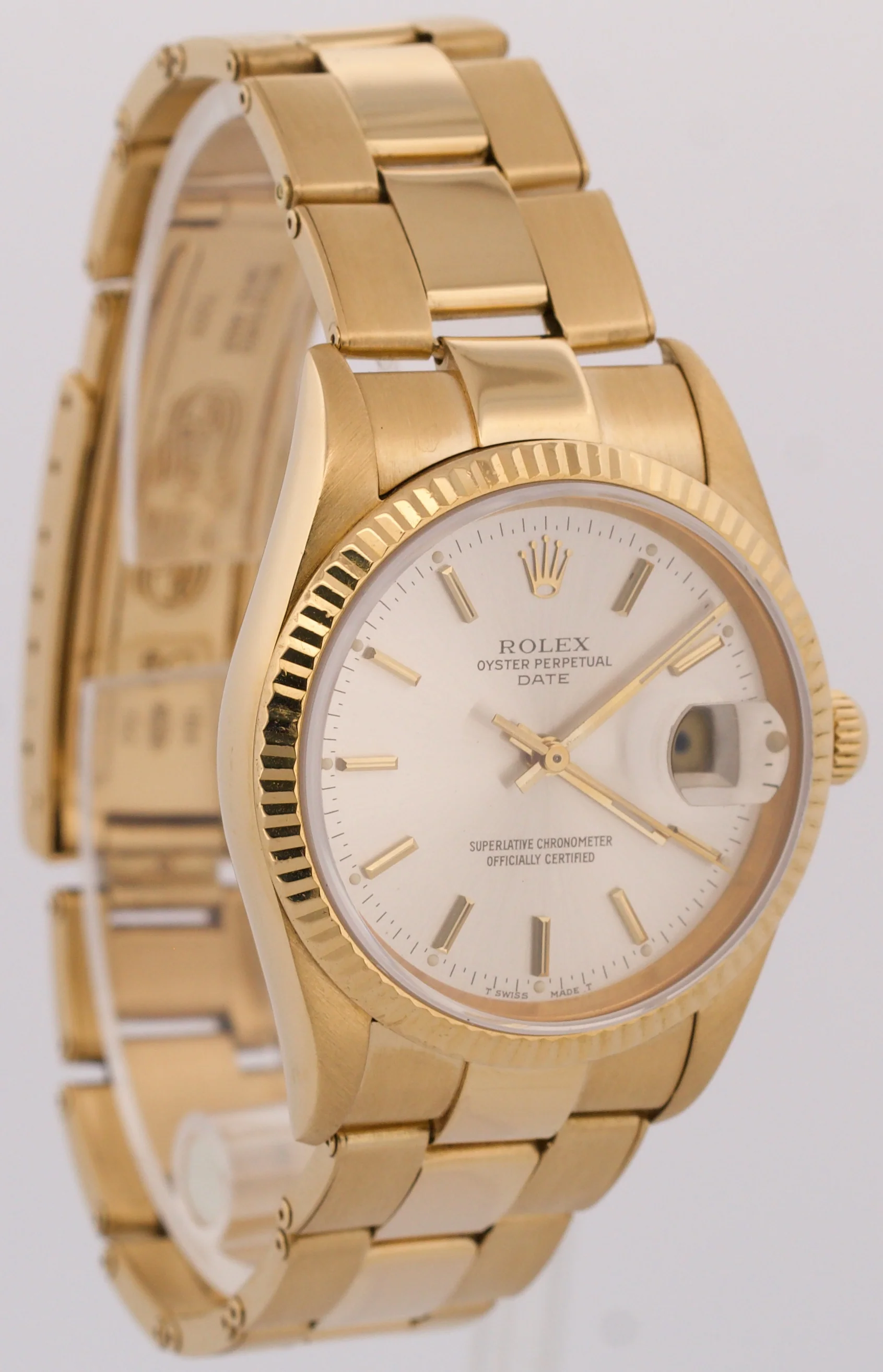 Rolex Oyster Perpetual Date 34mm SILVER 18K Yellow Gold FLUTED Watch 15238 - Image 4