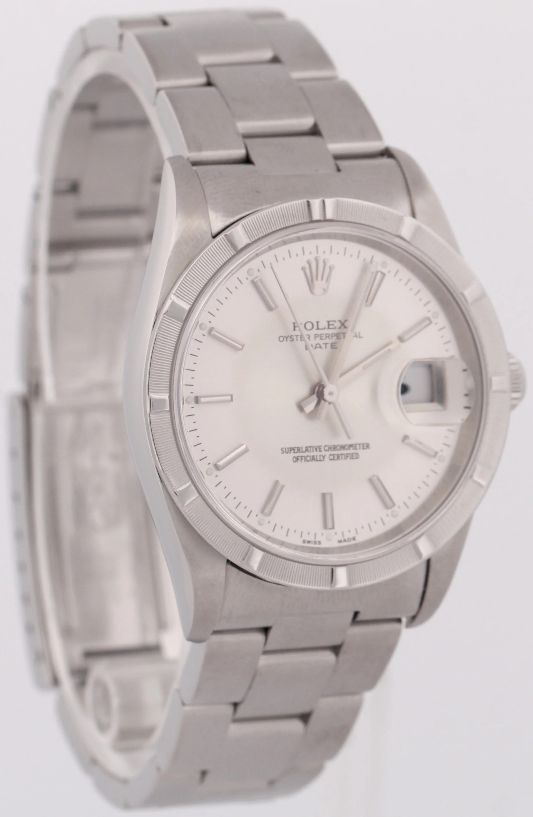Rolex Oyster Perpetual Date 34mm SILVER Stainless Steel Oyster NO-HOLES 15210 - Image 4