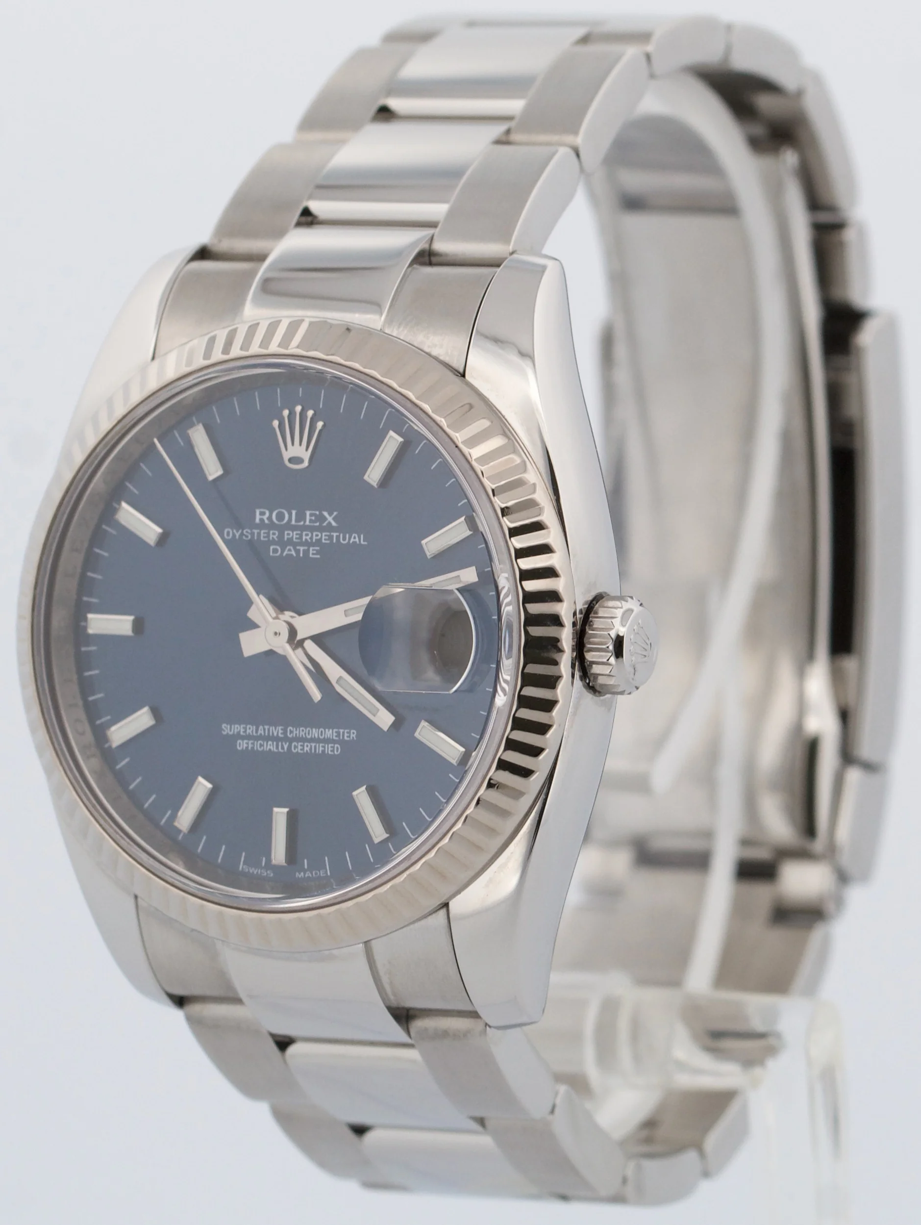 Rolex Oyster Perpetual Date BLUE 18K Gold Steel 34mm Fluted OYSTER 115234 Watch - Image 3