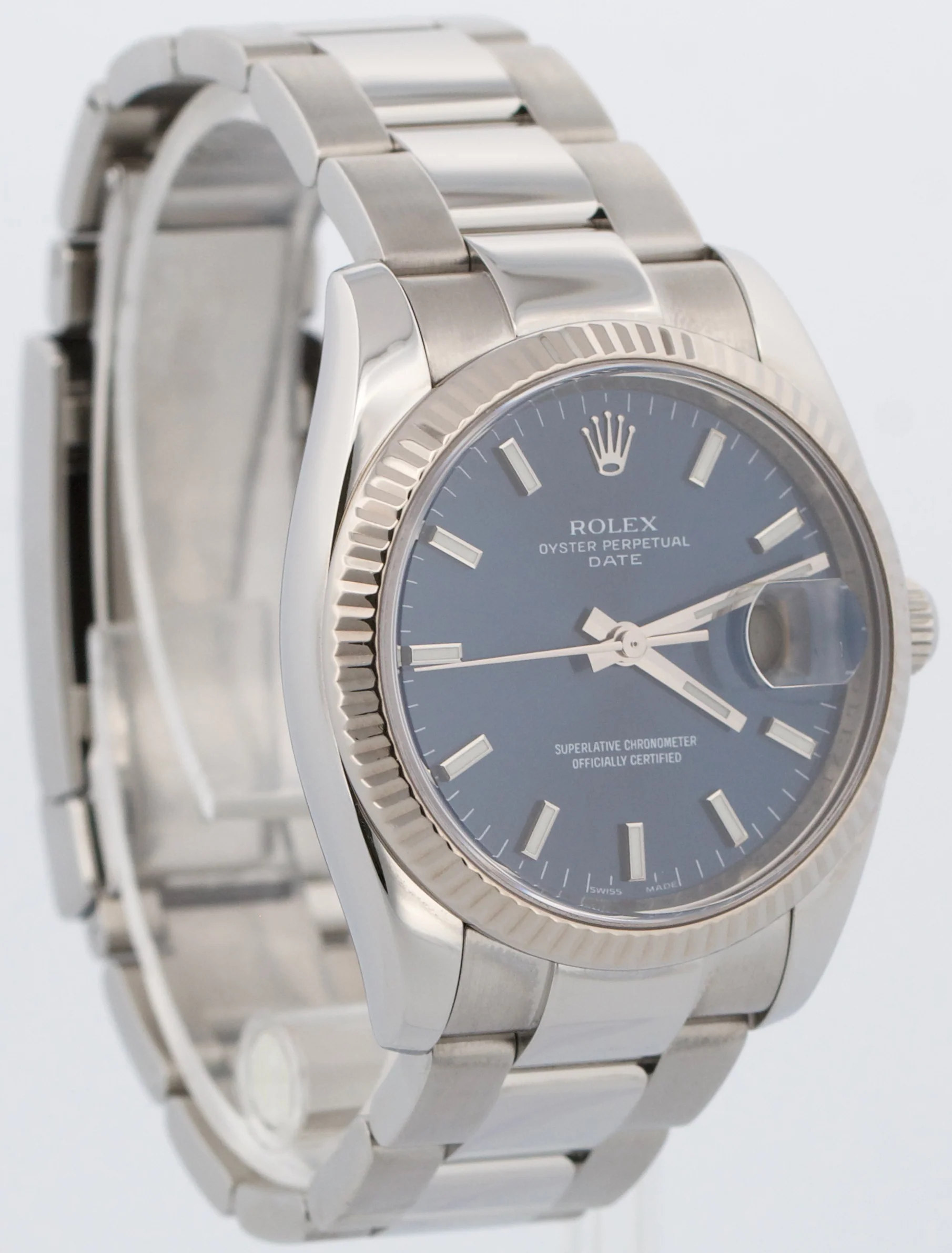 Rolex Oyster Perpetual Date BLUE 18K Gold Steel 34mm Fluted OYSTER 115234 Watch - Image 4